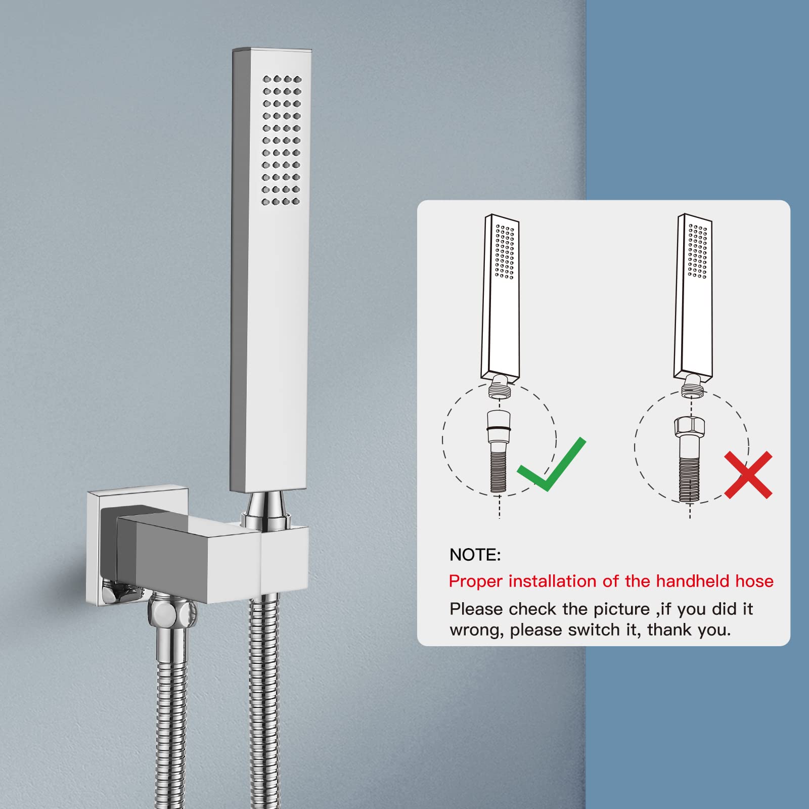 Midanya Ducha de baño de mano con pulverizador cuadrado de cromo pulido SUS304 de acero inoxidable de alta presión con conector de pared, soporte de ducha y manguera de ducha flexible de 60 pulgadas