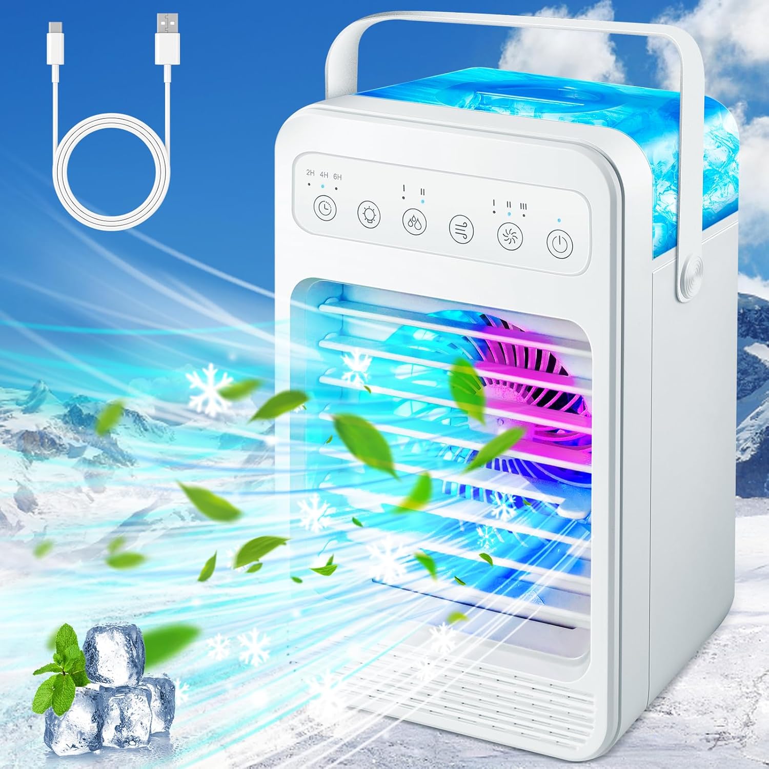 Portable Air Conditioners Touch Screen Evaporative Air Cooler with 4 Speeds 600ML Tank 2-4-6H Timers LED Lights Portable