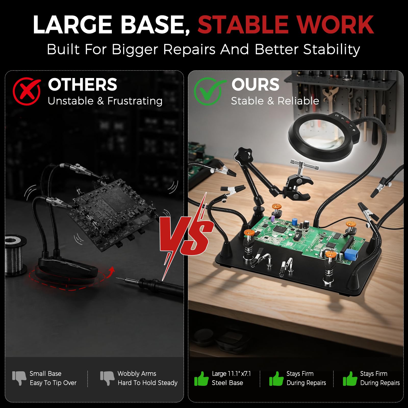 NOEVSBIG Stazione di saldatura Helping Hands con lampada di ingrandimento 5X, super morsetto a 360°, 4 morsetti a mano, bracci flessibili, strumento di terza mano per riparazione elettronica PCB fai