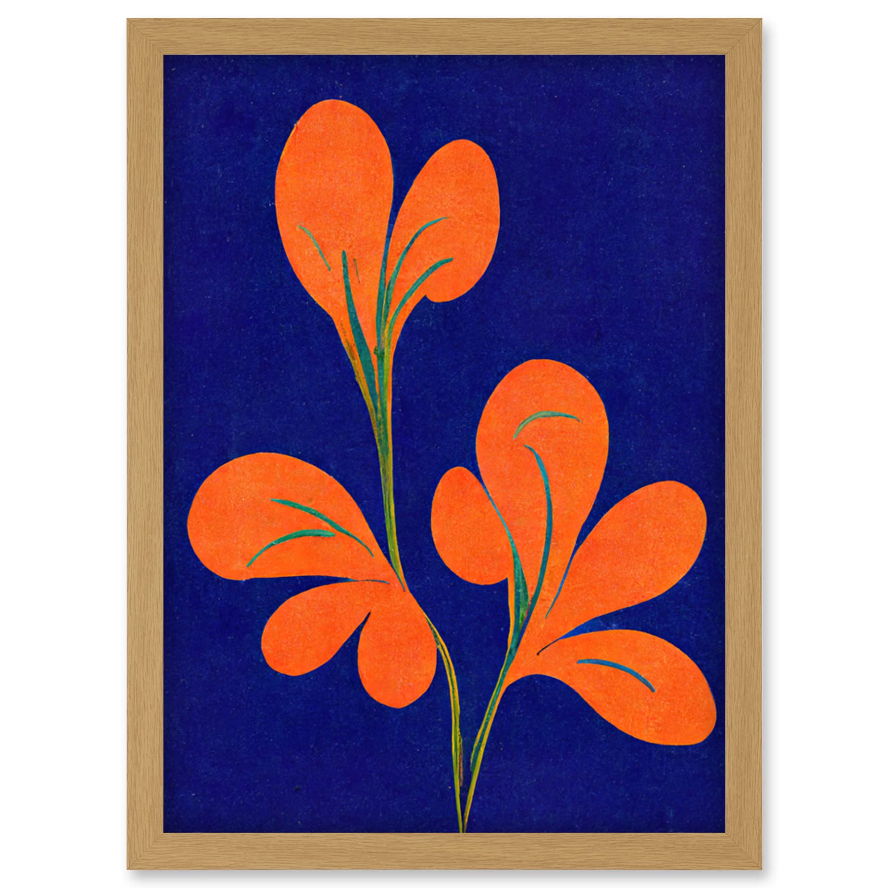 Doppelganger33 LTD Henri Matisse Inspired Bright Abstract Orange Flower Blooms On Royal Blue Artwork Framed Wall Art Print A4