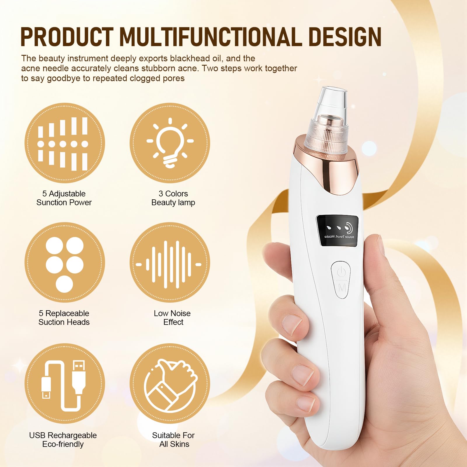 Aspiratore Punti Neri Professionale,Pulitore per Pori con 3 Livelli di Aspirazione e 4 Testine,Elettrico Comedone per Pulizia Viso e Rimozione Pori,Blackhead Remover Vacuum, per Tutti i Tipi di Pelle