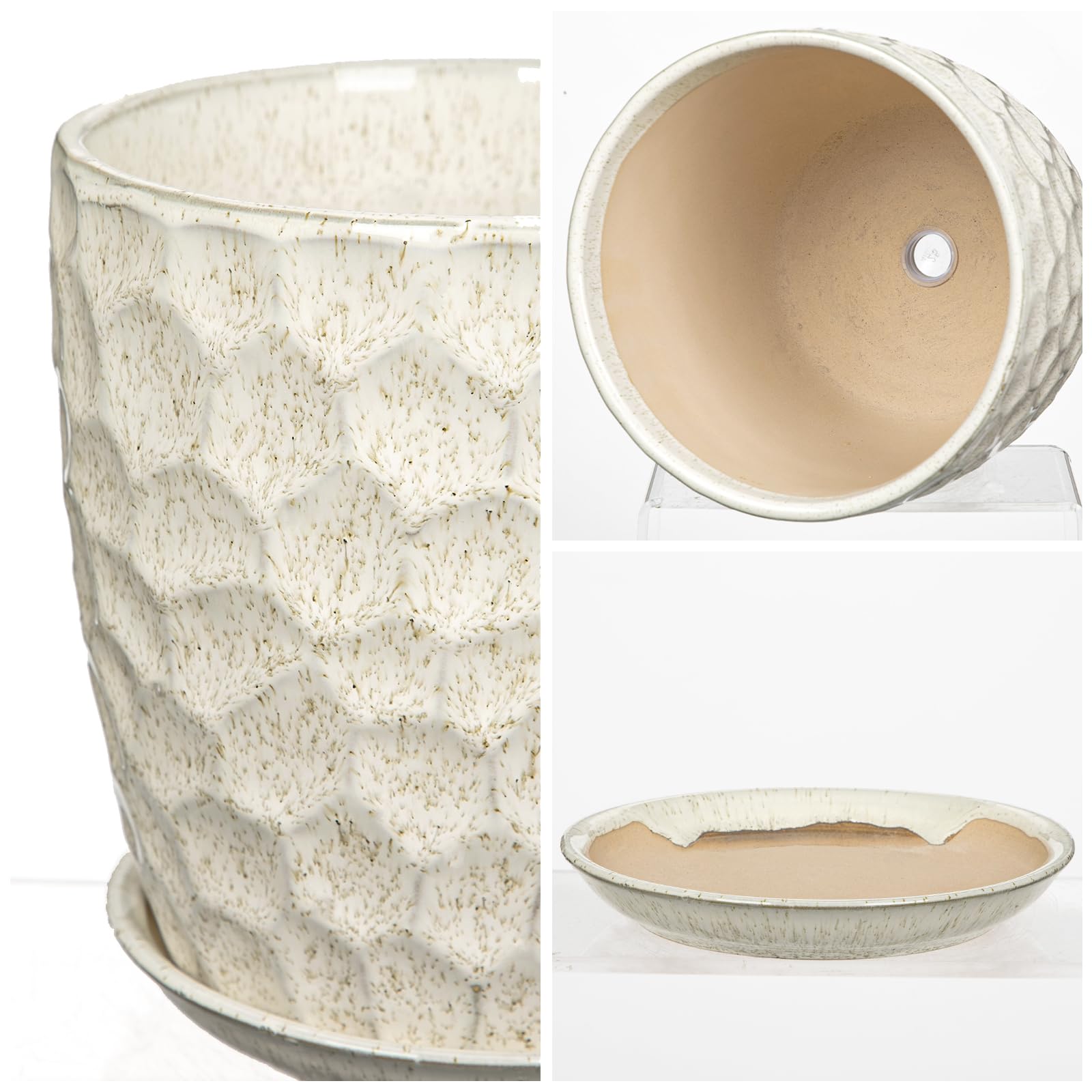 Zestaw doniczek o średnicy 15 + 19 cm, ceramiczna doniczka z podstawką i otworami drenażowymi, kremowo-biała, do użytku wewnątrz i na zewnątrz, doniczka na rośliny, nowoczesna, klasyczna
