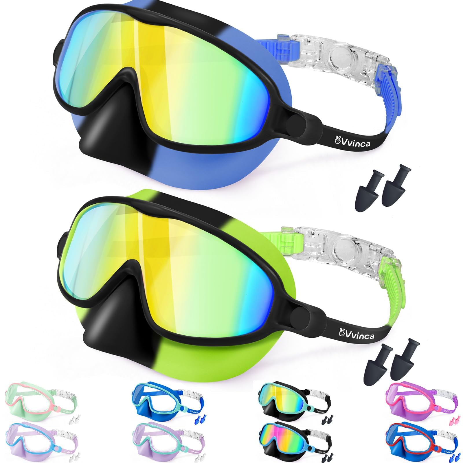 Vvinca Swim Goggles with Nose Cover, 2 Pack Wide View Diving Mask Anti-Fog UV No Leak Toddlers Swimming Goggles for Kids 3-15