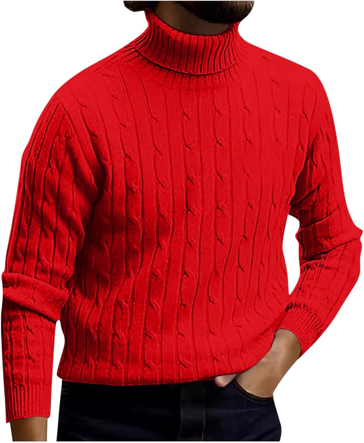 Cable Knit Red Men Turtle Neck Generic Mens Cable Knit Turtleneck