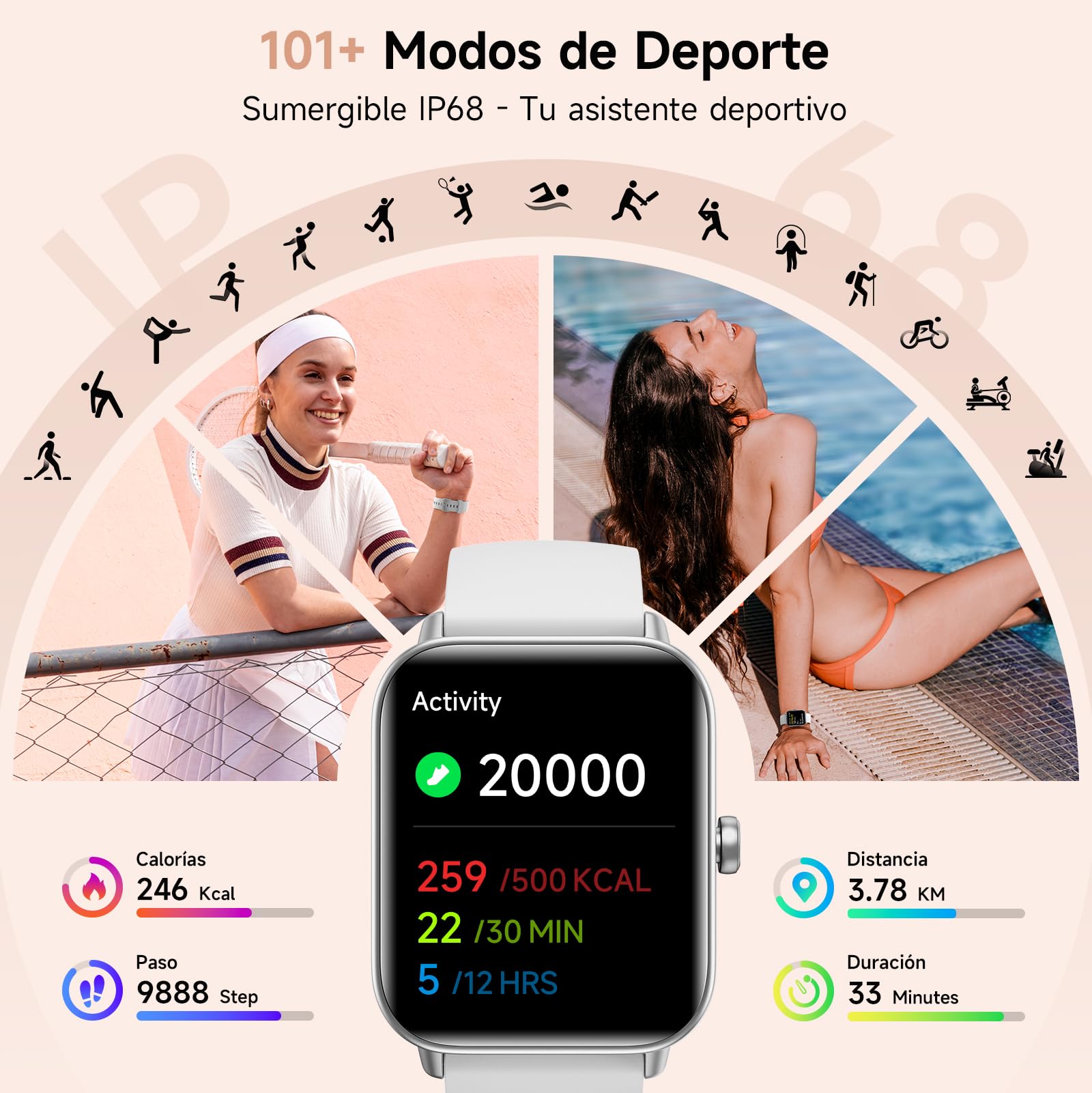 Reloj Inteligente Mujer Smartwatch 1.85" con Llamadas Bluetooth y Alexa, Monitor de Frecuencia Cardíaca/SPO₂/Estrés/Sueño, Podómetro, IP68 Impermeable, 100+ Modos Deportivos para Samsung Android iOS