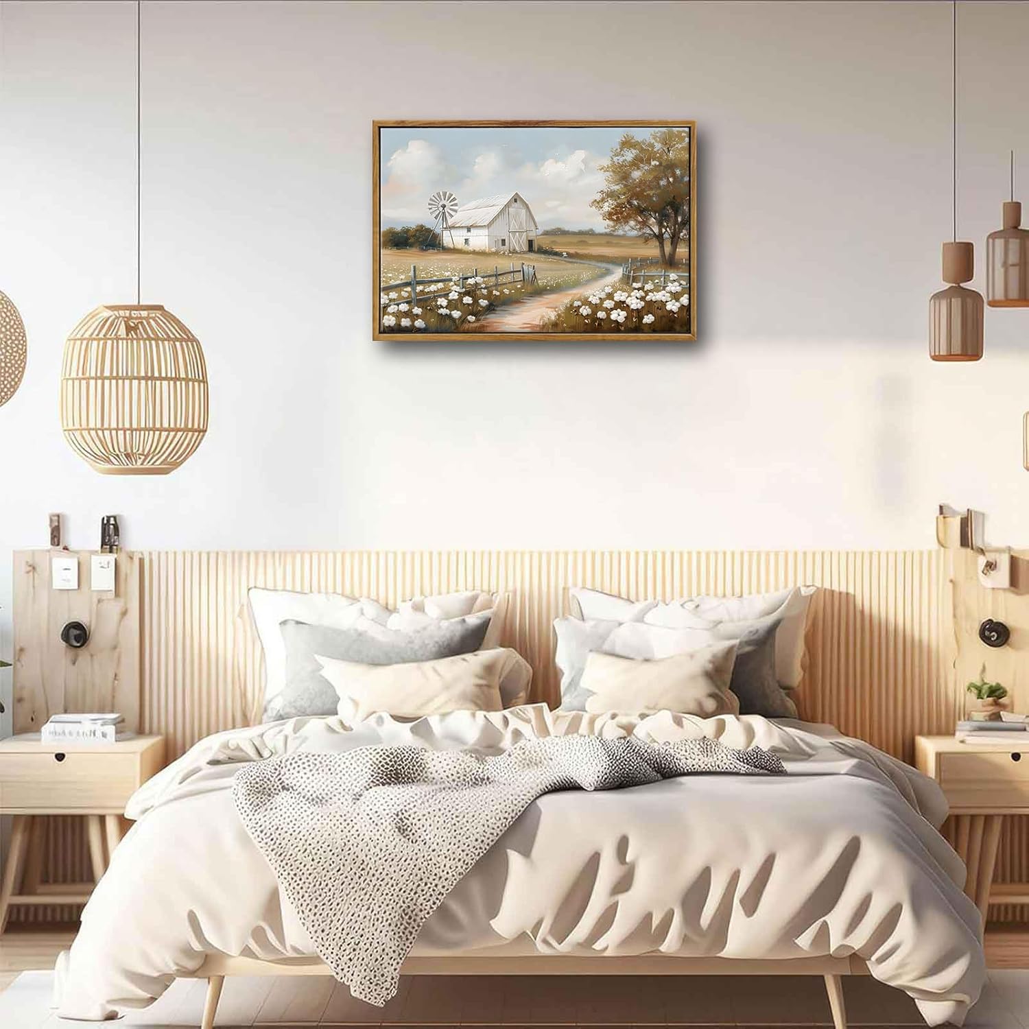 Framed Barn Canvas Wall Art Farmhouse Rustic Decor Pictures Farm Windmill Countryside Nature Field Meadow Flower Posters Prints for Home Decoration Bathroom Bedroom Living Room Decoration