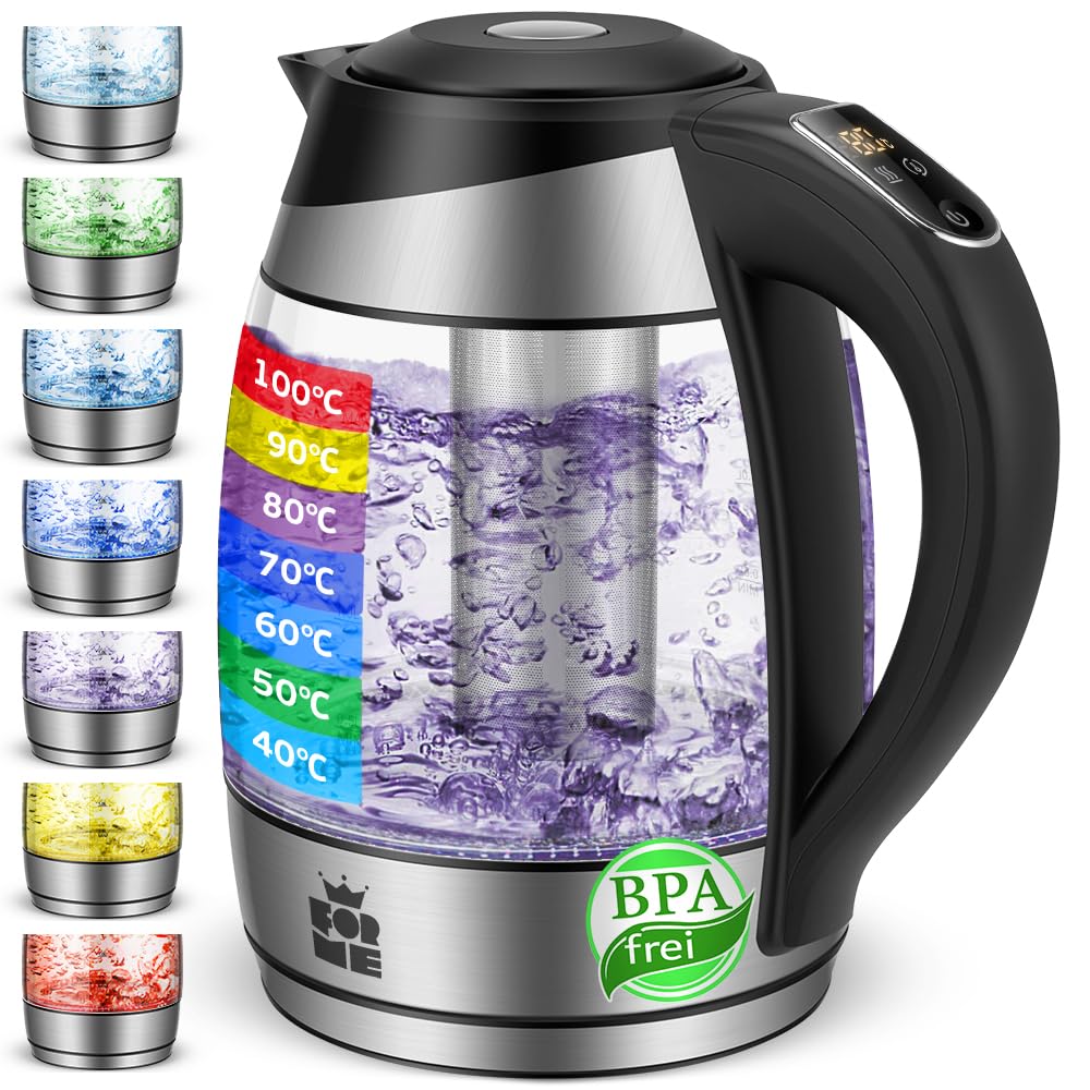 FOR ME Glas Elektrischer Wasserkocher mit Teesieb 1,8L, Temperatureinstellung, Temperaturwahl 40°C bis 100°C, 7 Farben LED-Beleuchtung, Warmhaltefunktion, BPA Frei