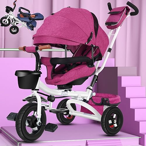 Triciciclo para niños, bicicleta todo terreno 3 en 1, con mango de empuje extraíble, asiento giratorio, toldo extraíble, arnés de seguridad,
