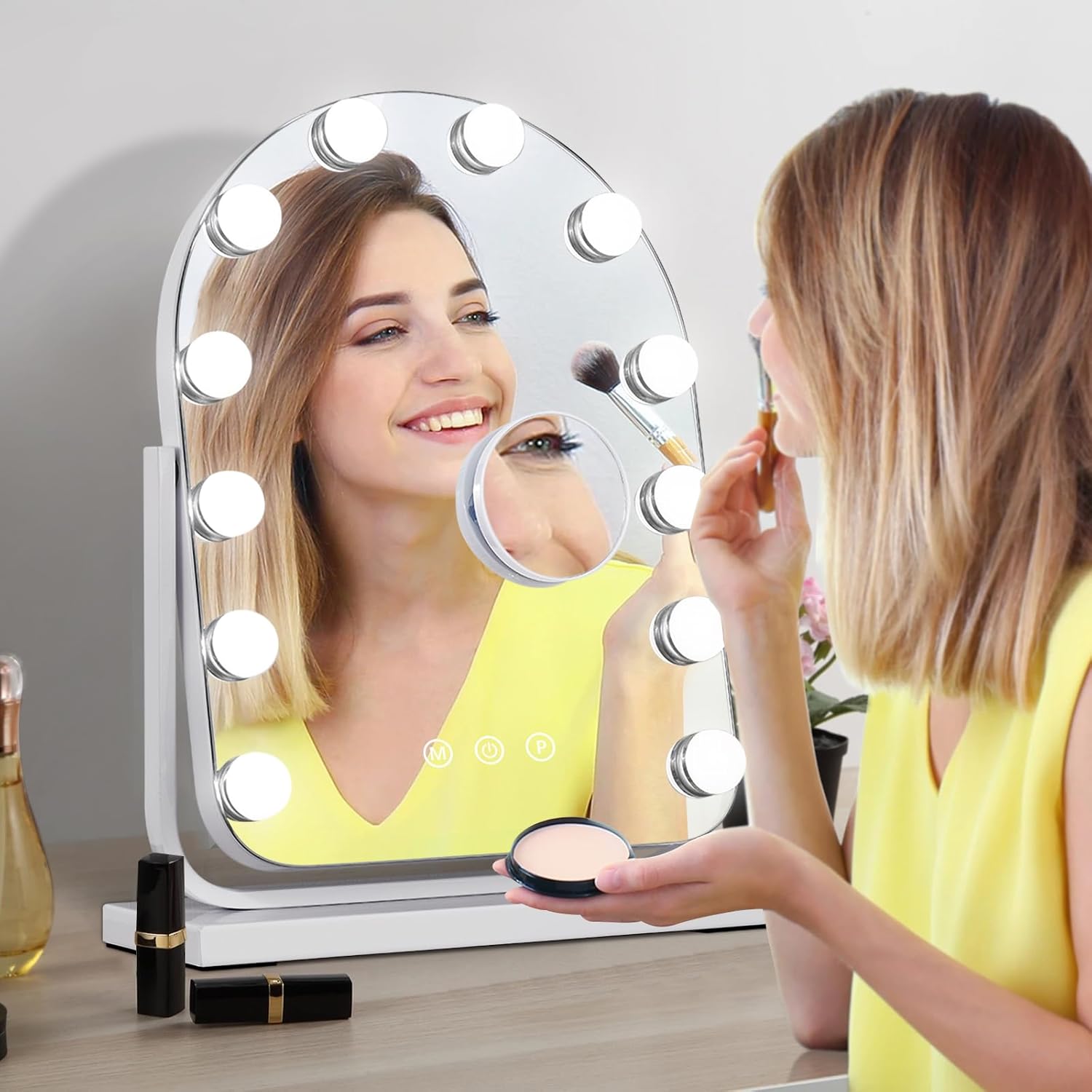 Makeup Mirror with Lights-3 Modes,Smart Touch Control,Detachable 10X Magnification,15.7"×11.8" Hollywood Vanity,360° Rotation （White）
