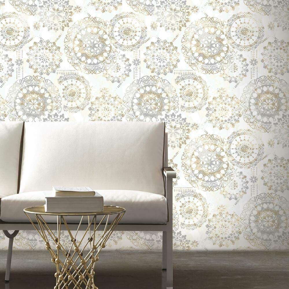 RoomMates RMK9122WP Tan and Gray Boho Medallion Peel and Stick Wallpaper, 20.5" x 16.5 feet