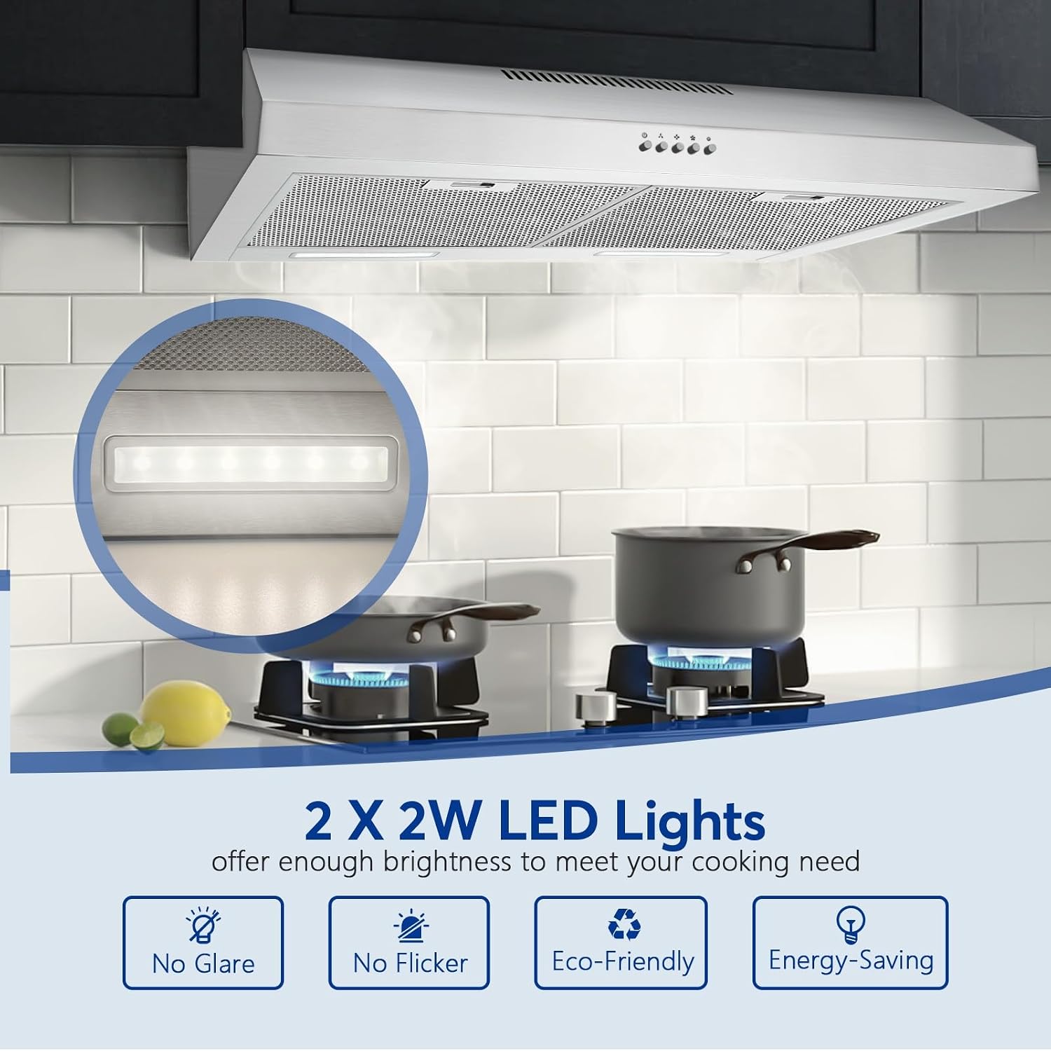 30 inch Range Hood Under Cabinet Duct/Ductless Convertible with 3 Speed Exhaust Fan Stainless Steel Baffle Filters 600 CFM with 2 LED Lights