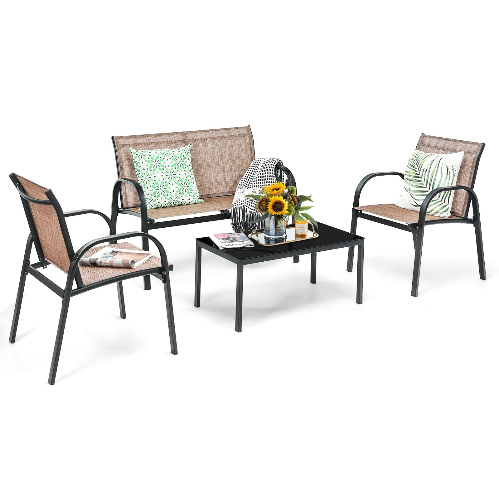 COSTWAY 4-Piece Garden Furniture Set, Patio Conversation Set with Loveseat, 2 Chairs and Glass Coffee Table, Outdoor Table and Chairs Sectional Sofas for Balcony Yard Poolside (Brown)
