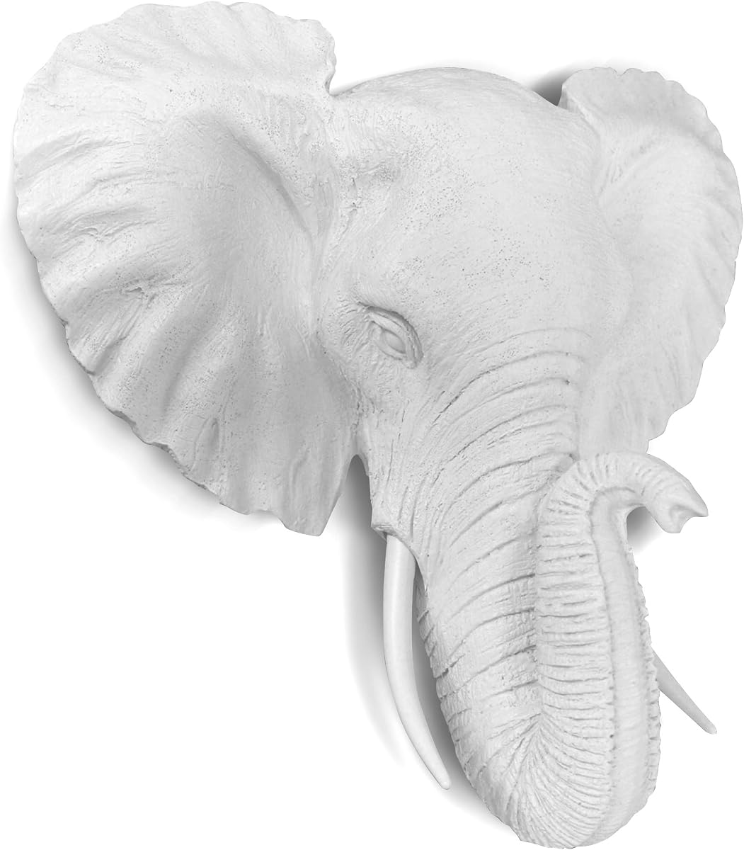 WALL CHARMERS Mini White Faux Elephant Head Wall Hanging - 10" Faux Taxidermy Animal Head Wall Decor - Handmade Farmhouse Decor | White resin faux elephant head wall decor — whimsical, farmhouse character for your nursery or playroom. Faux taxidermy.
