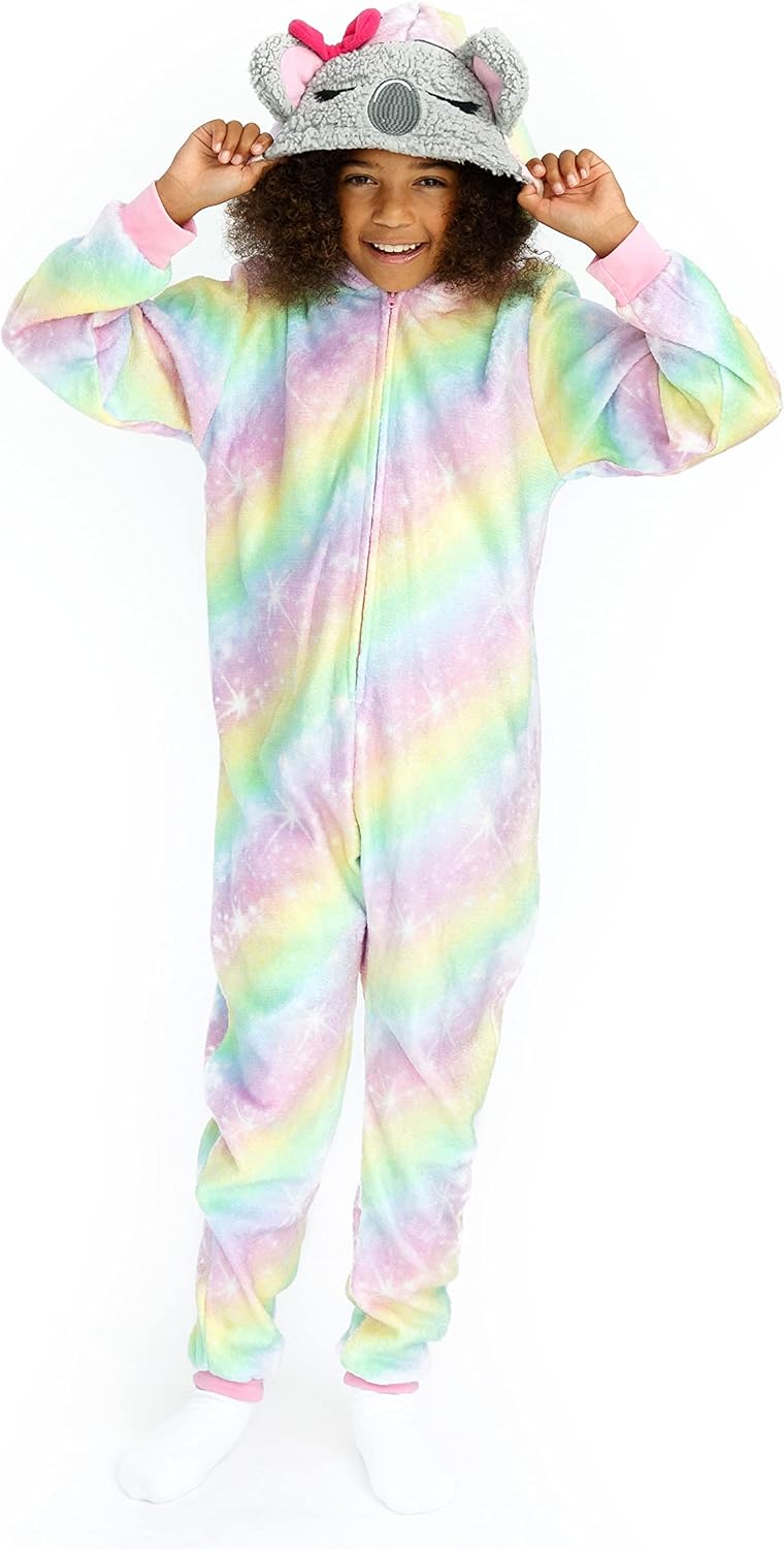 Sleep On It Girls Fleece Hooded Onesie Pajamas Zip-Up Sleepwear for Kids with Fun Character Hoods Cozy Pajamas Sizes 7-16