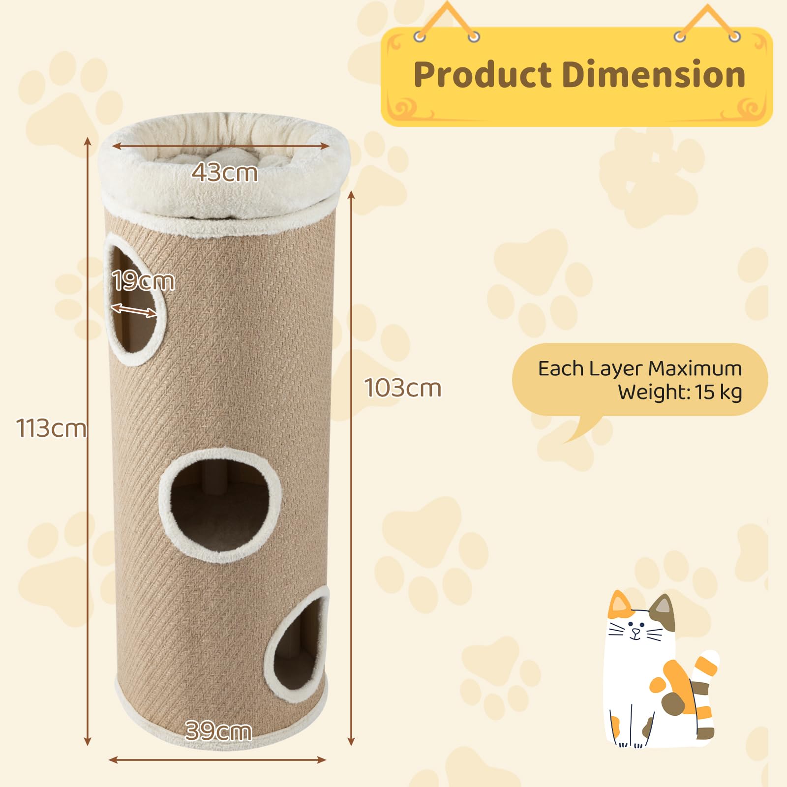 SOARS Kratztonne für Katzen XXL, 113 cm Katzentonne mit 3 Höhlen und abnehmbarem Plüschbett, Kratzbaum, Katzenturm, Ø 39 cm