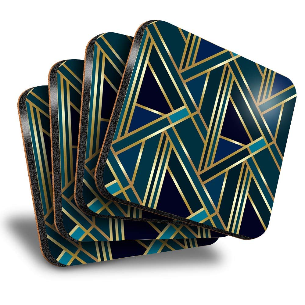Destination Vinyl Ltd Great Coasters (Set of 4) Square - Green Gold Art Deco Geometric Drink Glossy Coasters/Tabletop Protection for Any Table Type #12546