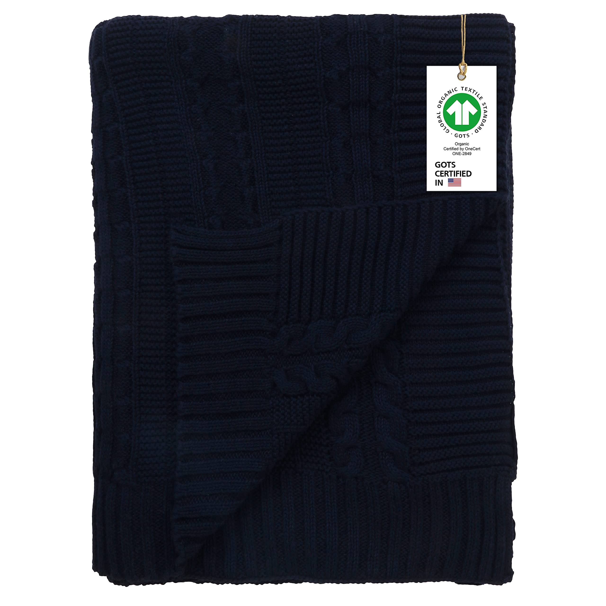 A1HC A1 Home Collections GOTS certified 100% A1 Home Collections Cable Blanket-Organic Cotton Oversized Soft Warm Knit Throw, 50â€ x 70â€, Navy, 50"X70" (A1HCBCTH-Navy)