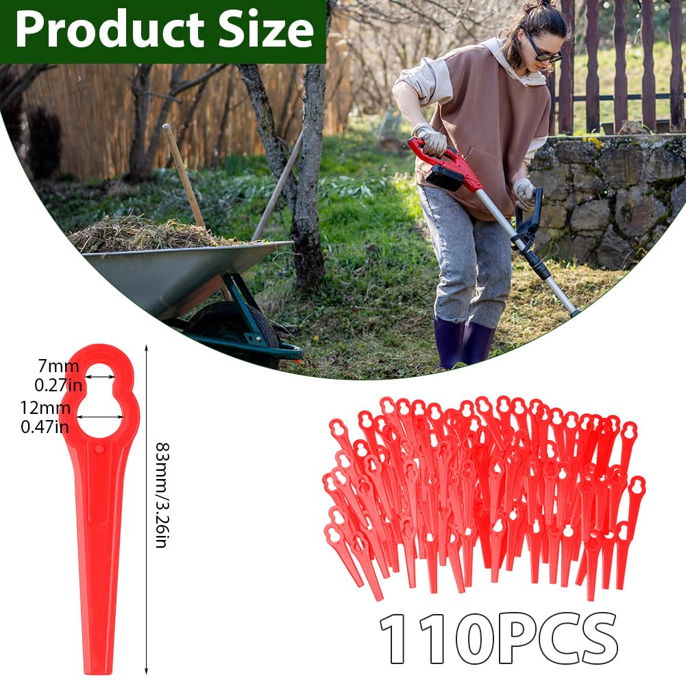 OFFCUP Plastikowe ostrza do przycinarek traw, 110 sztuk zamiennych plastikowych ostrz, 83 mm ostrza do kosiarki do trawy dla Einhell GC-CT 18/24 Li, Bosch ART23 LI Accutrim Easytrim Accu Red
