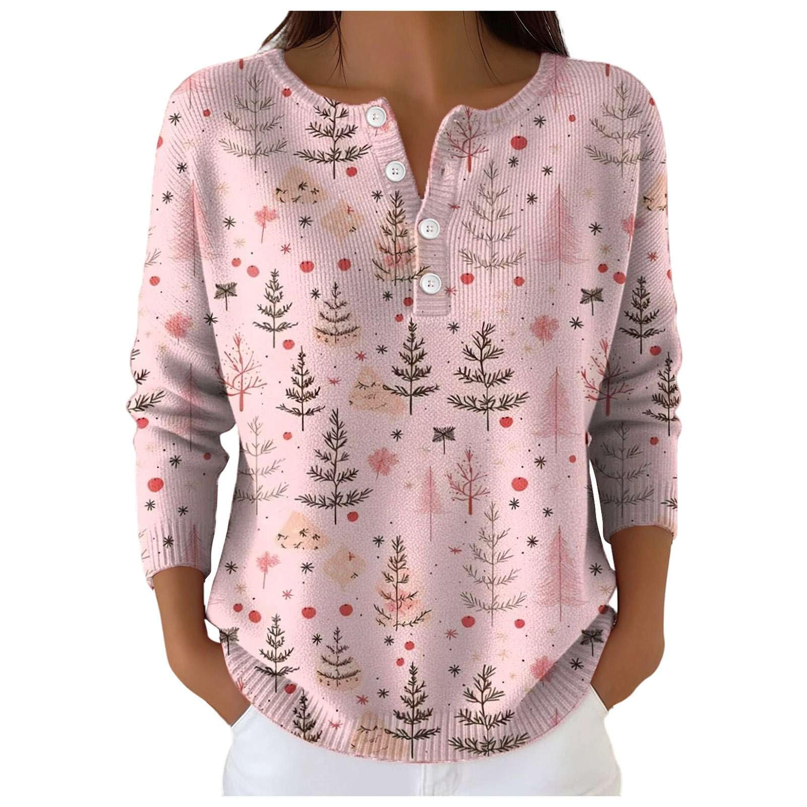 Womens Christmas Tree Art Print Buttoned Cardigan Sweater V-Neck Long Sleeve Print Knit Button Top
