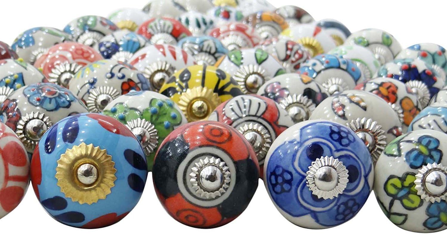 Rastogi Handicrafts 20 Drawers Knobs Door Cupboard Pulls Indian Mix Knobs Assorted Multicolor Ceramic