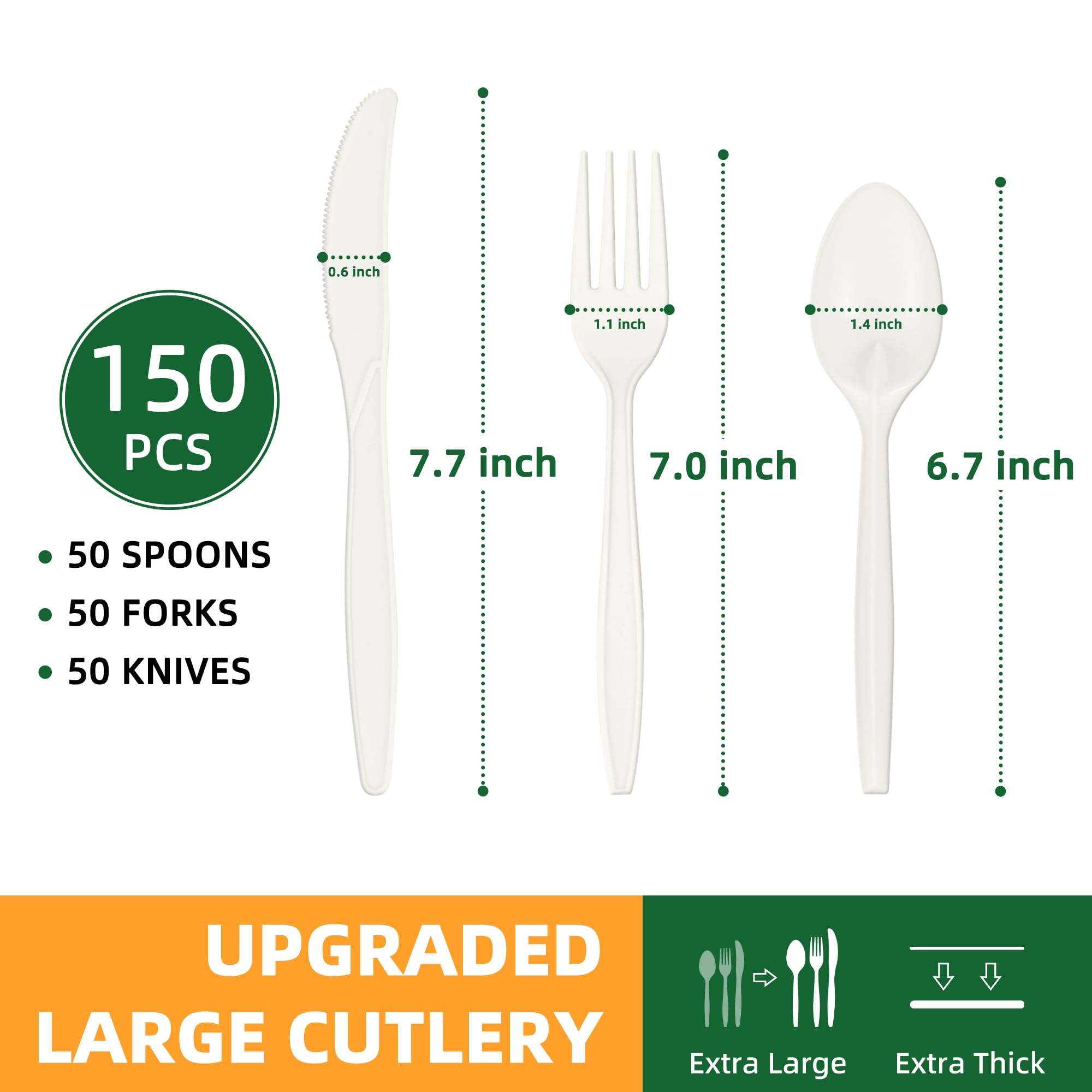 100% Compostable Cutlery Set,150pcs (50 Forks,50 Spoons,50 Knives) Disposable Cornstarch Utensils Heavy Duty BPI Certified Eco-Friendly Party Supplies No Plastic, Ivory White
