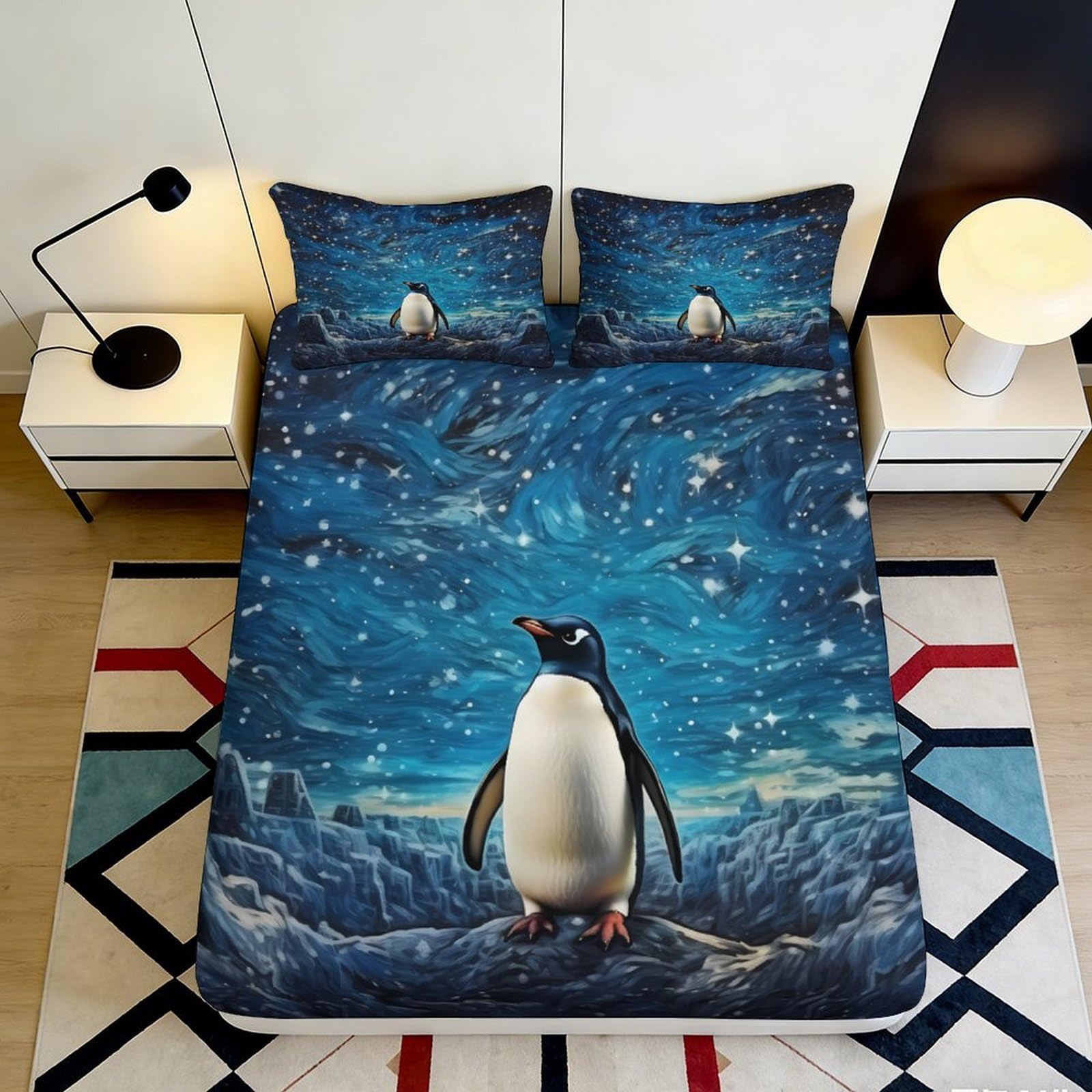 3D Printed Starry Sky Penguin Fitted Sheet Microfiber Soft Mattress Cover for Bedroom Guestroom Dorm Decor 90x200x25cm