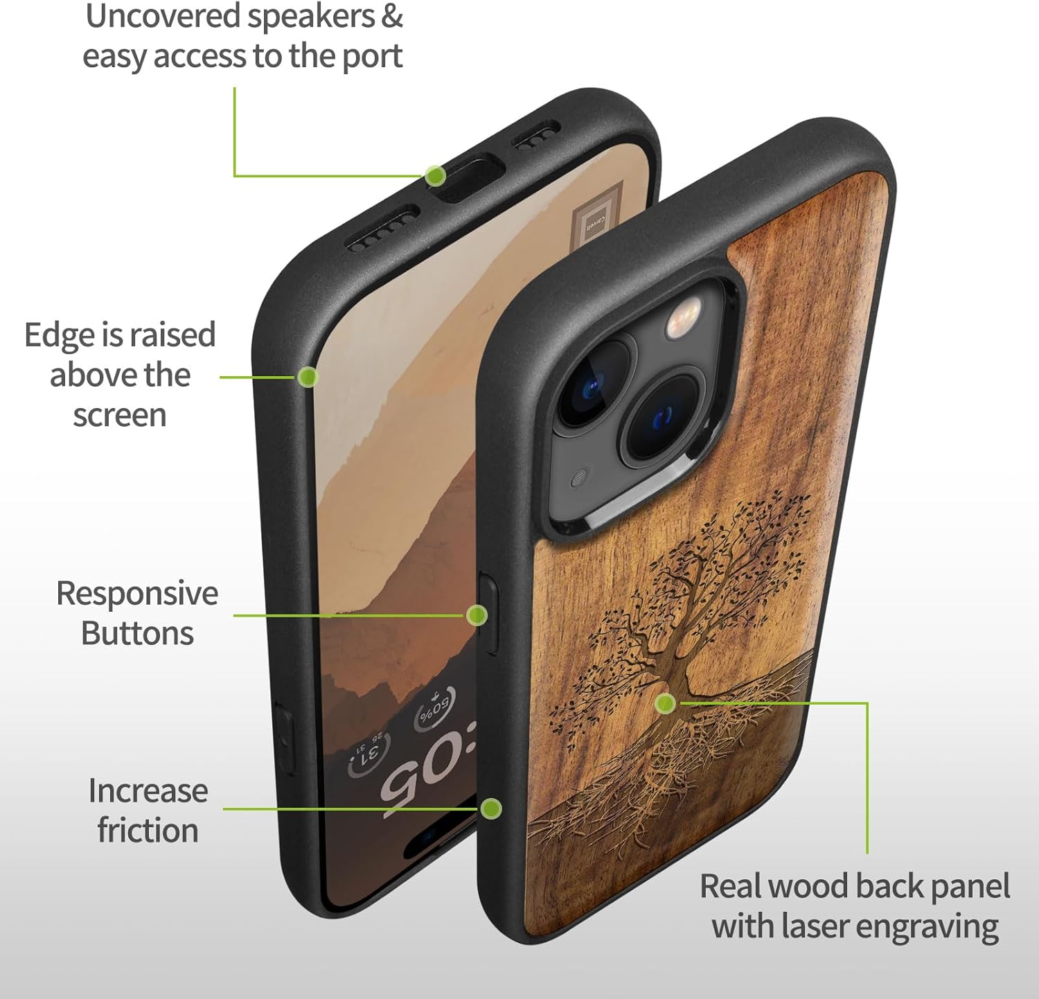 Carveit Magnetic Wooden Case for iPhone 15 Case, Compatible with MagSafe Wireless Chargers, Black Soft TPU Shockproof Cover & Wood Artisan Engraved (Tree with Roots) - Walnut