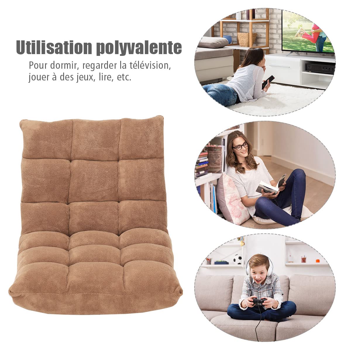 GOPLUS Silla de suelo plegable, sillón convertible ajustable de 14 niveles, sillón perezoso con terciopelo coral cómodo, silla de meditación acolchada, 105 x 56 x 15 cm (Beige)