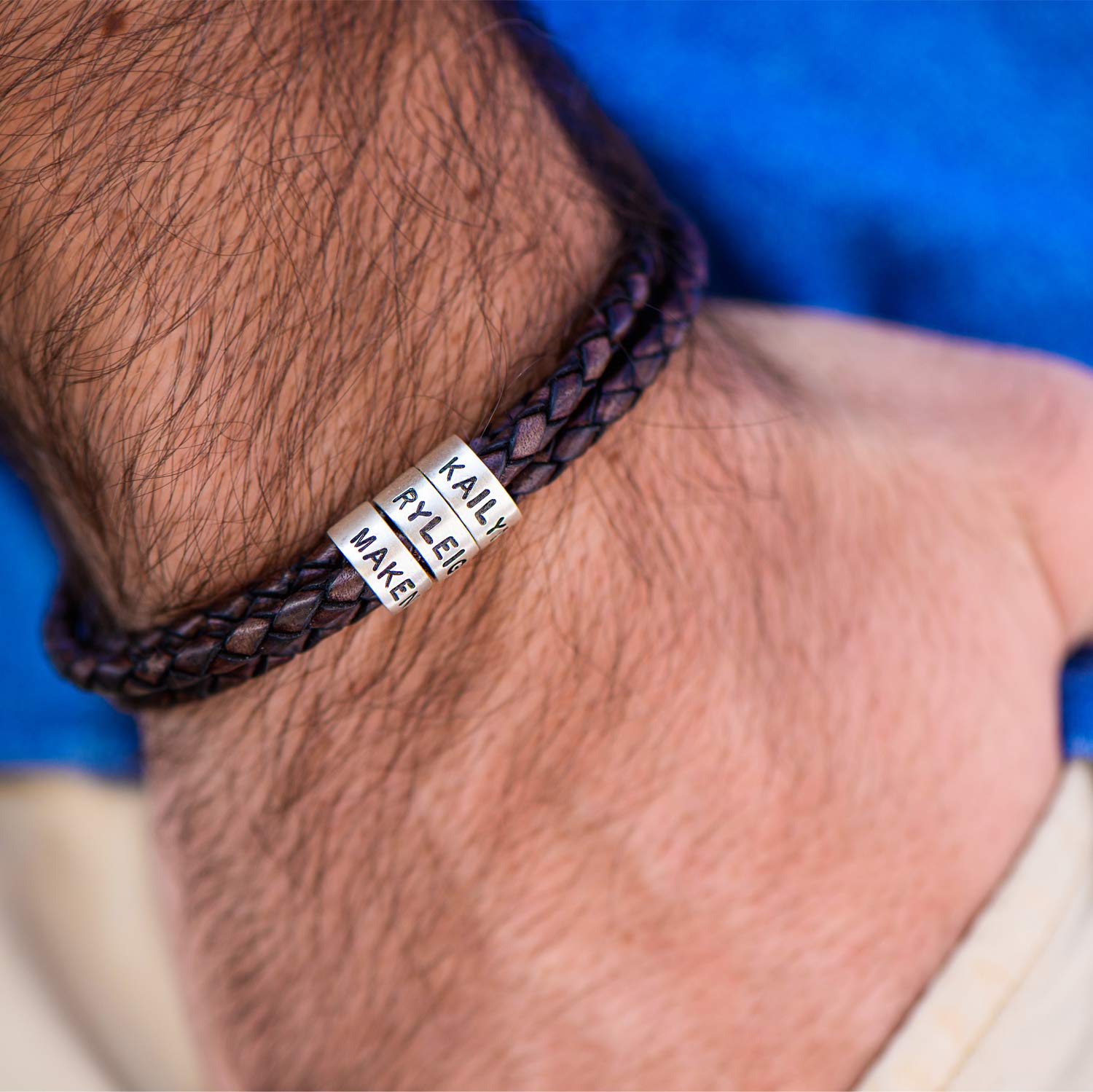 MyNameNecklace MYKA Pulsera Personalizada para Hombre de cuero con Cuentas de Plata Personalizadas - Regalo para Él, Regalos Día del Padre
