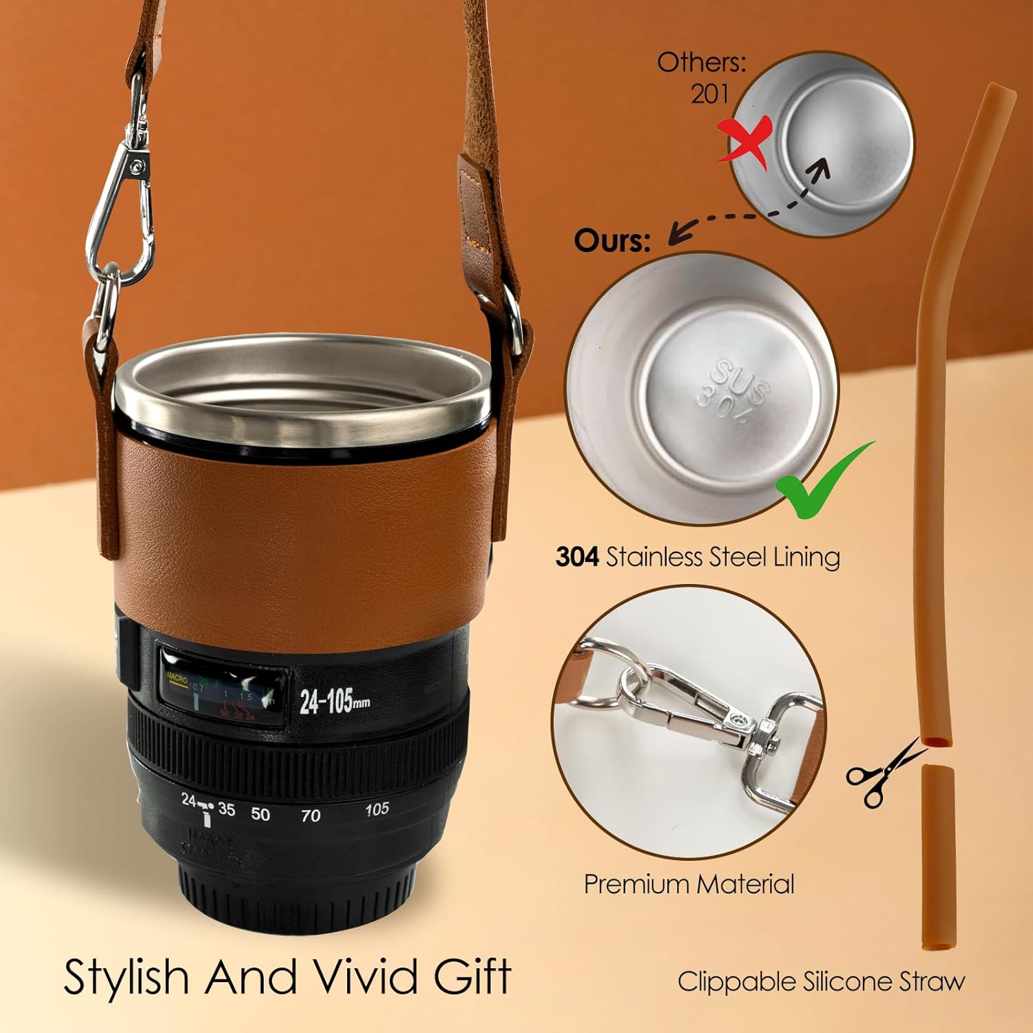 Coffee Mug- Ideal for Photographers&Travelers - Day Gifts,2 Lids,Cup Holder,Silicone Straw- Stainless Steel Lens Mug Thermos-Gift for Him, Photography, Camera accessories, Novelty Gifts - Image 5