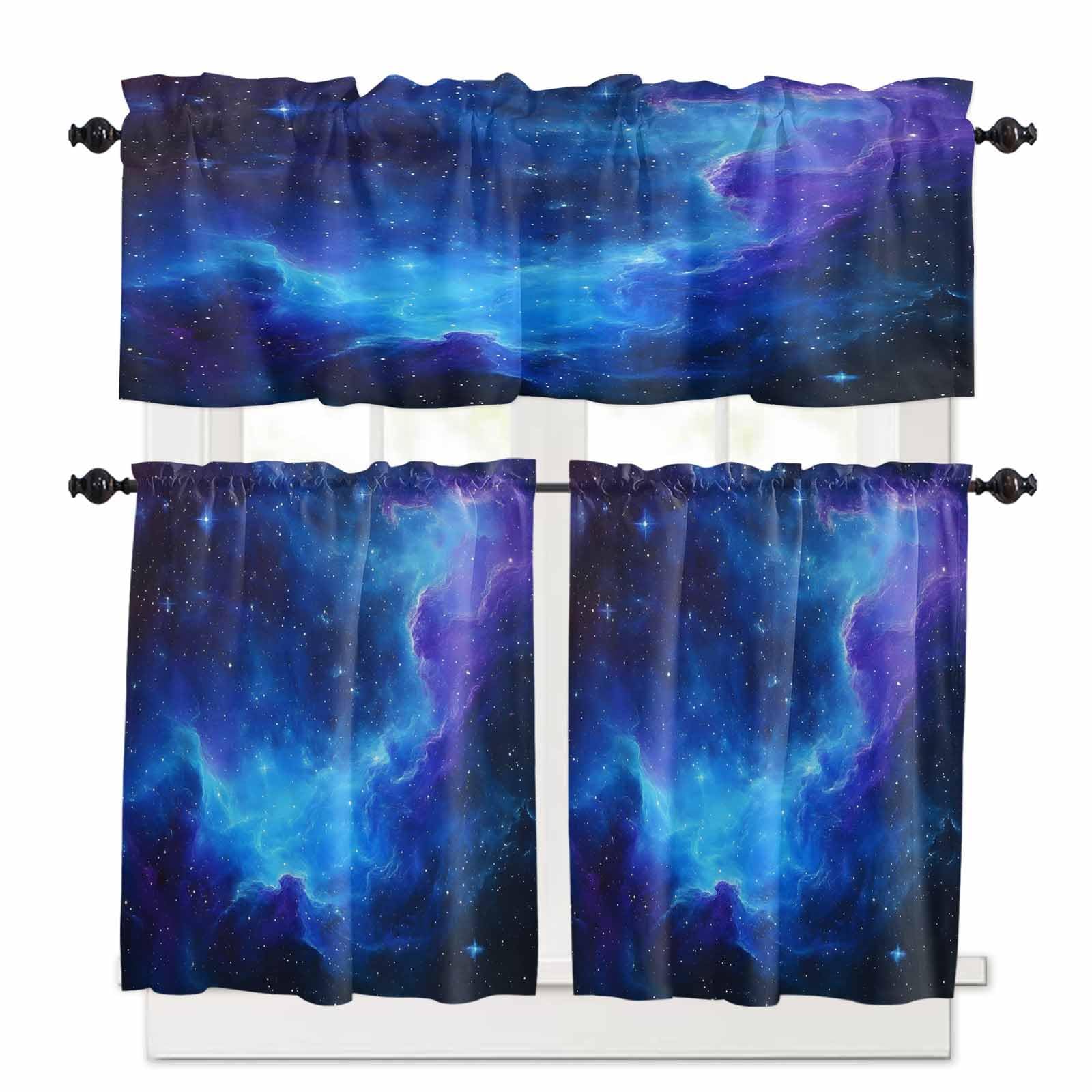Blue Purple Sky Kitchen Curtains 36 Inch Length, 3 Piece Rod Pocket Small Half Tiers and Valance Set, Abstract Modern Art Clouds Small Large Window Treatment Decor for Bedroom/Bathroom Sink