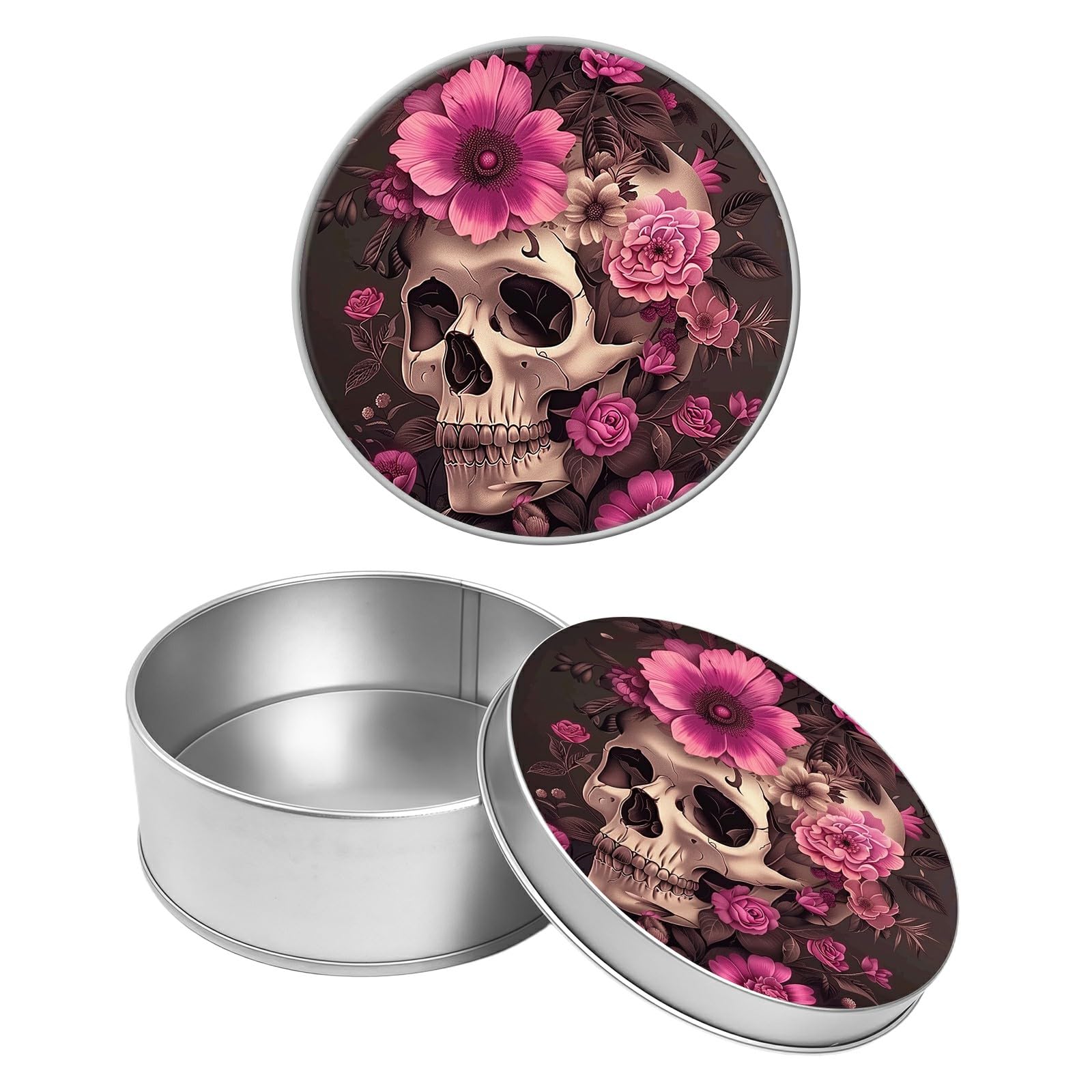 Round Metal Tin Container with Removable Lid, Pink Flower Skull Durable Metal Storage Box for Crafts Snacks Candies Office Supplies Small Items 3.54 x 1.38 inch– Single Pack