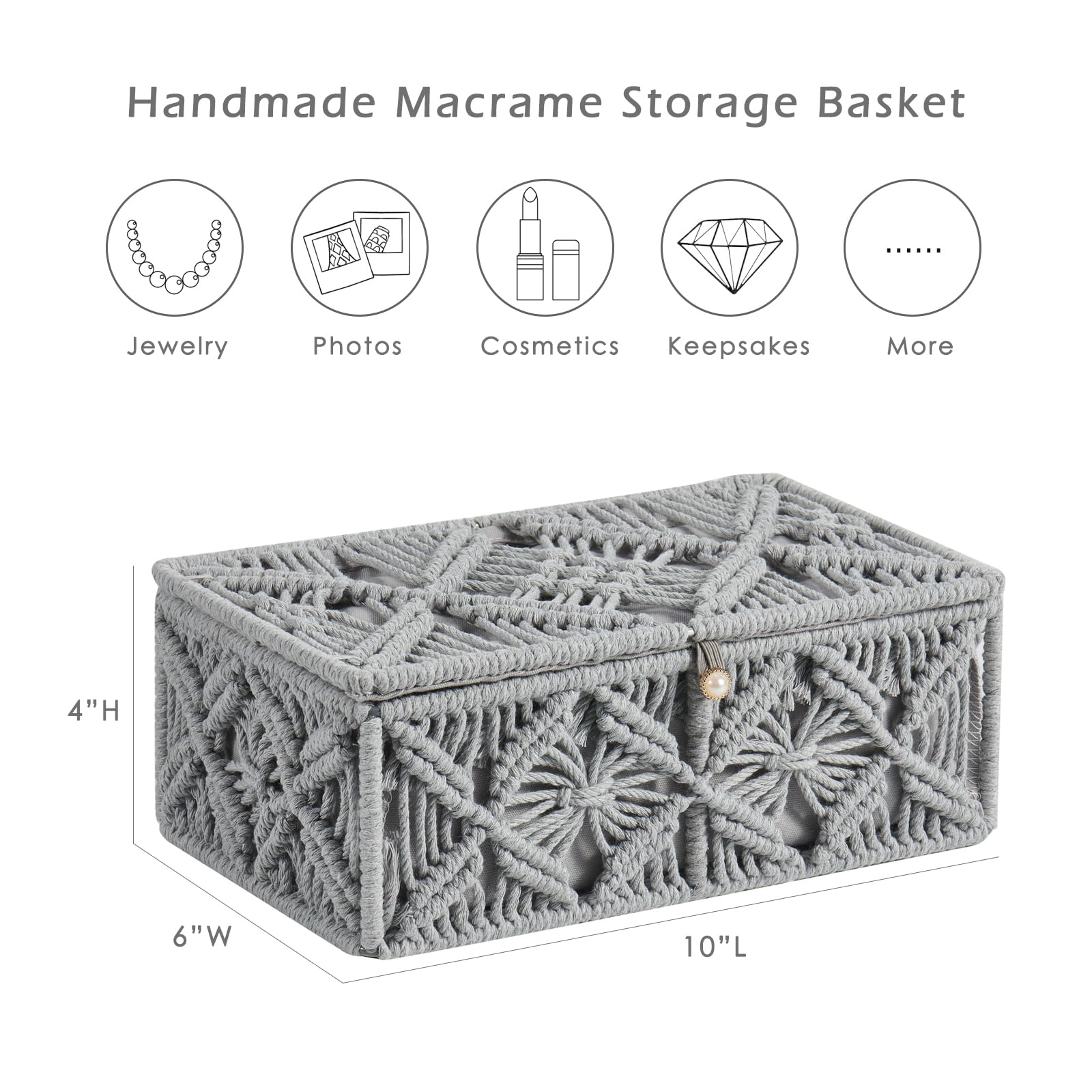 Cestas de almacenamiento decorativas bohemias con tapa, caja de joyería de macramé bohemio, hecha a mano, de cuerda de algodón natural, contenedores de recuerdo, organizador de maquillaje