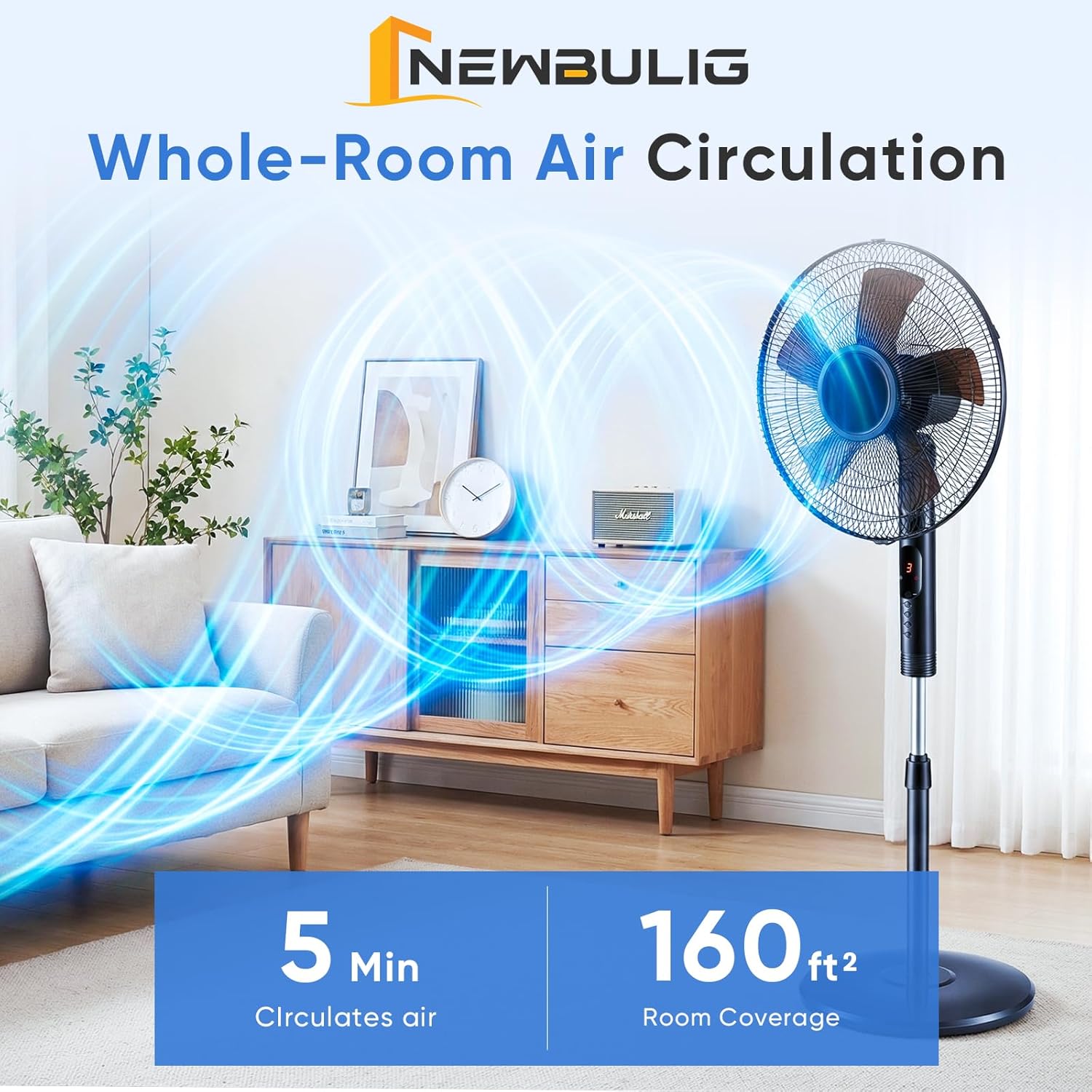 NEWBULIG Pedestal Fans with Remote, Oscillating Standing Fan with 3 Speed & 3 Model, Quiet Timer Floor Fan for Indoor, Bedroom, Living Room, Office, Adjustable Height & Tilt Head, Easy Assembly
