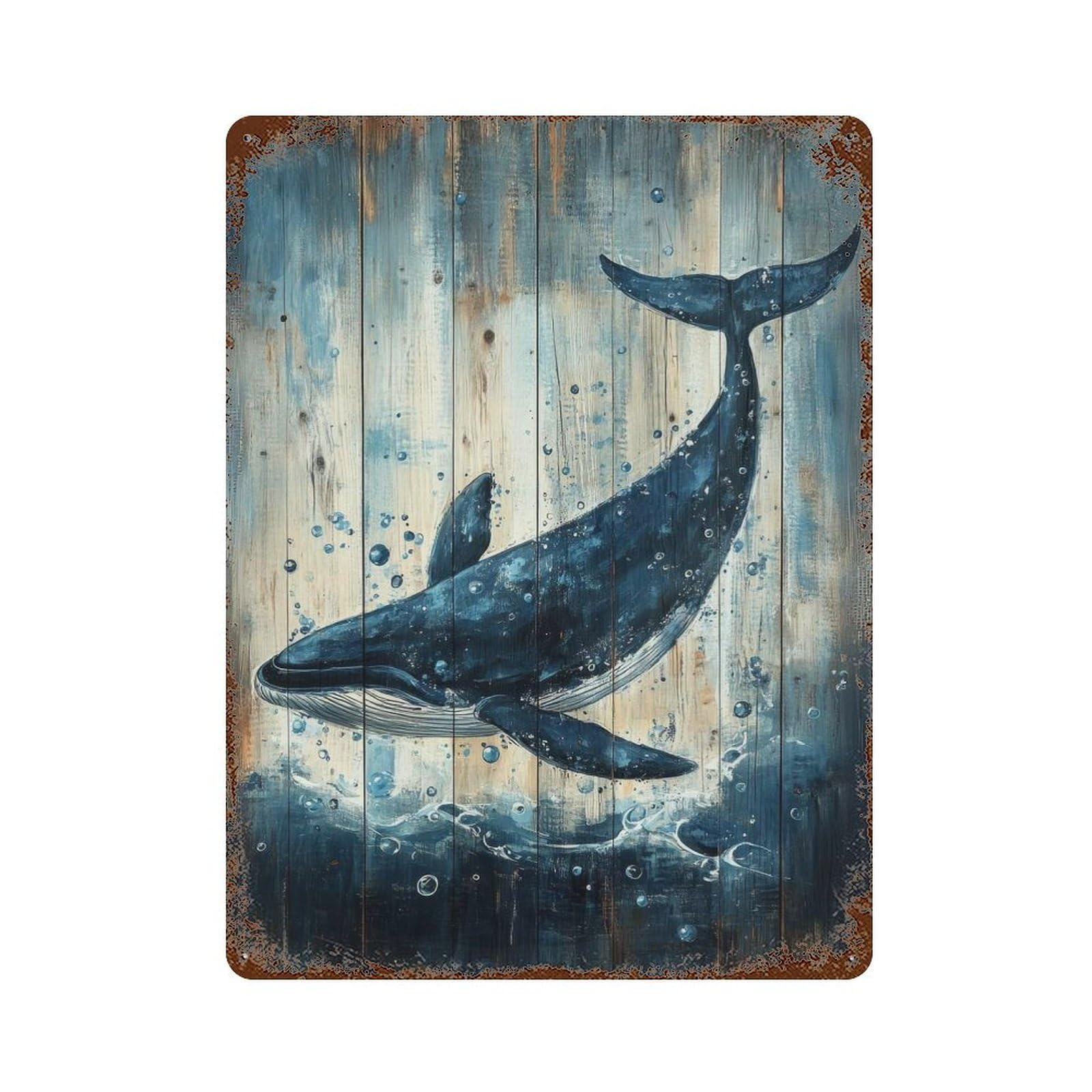 Whale Art on Wood Panel Ocean Folk Art Print Vintage Rust Metal Sign 15.7"x11.8", for Pub, Kitchen And Man Cave Decor, Rustic Home Decor
