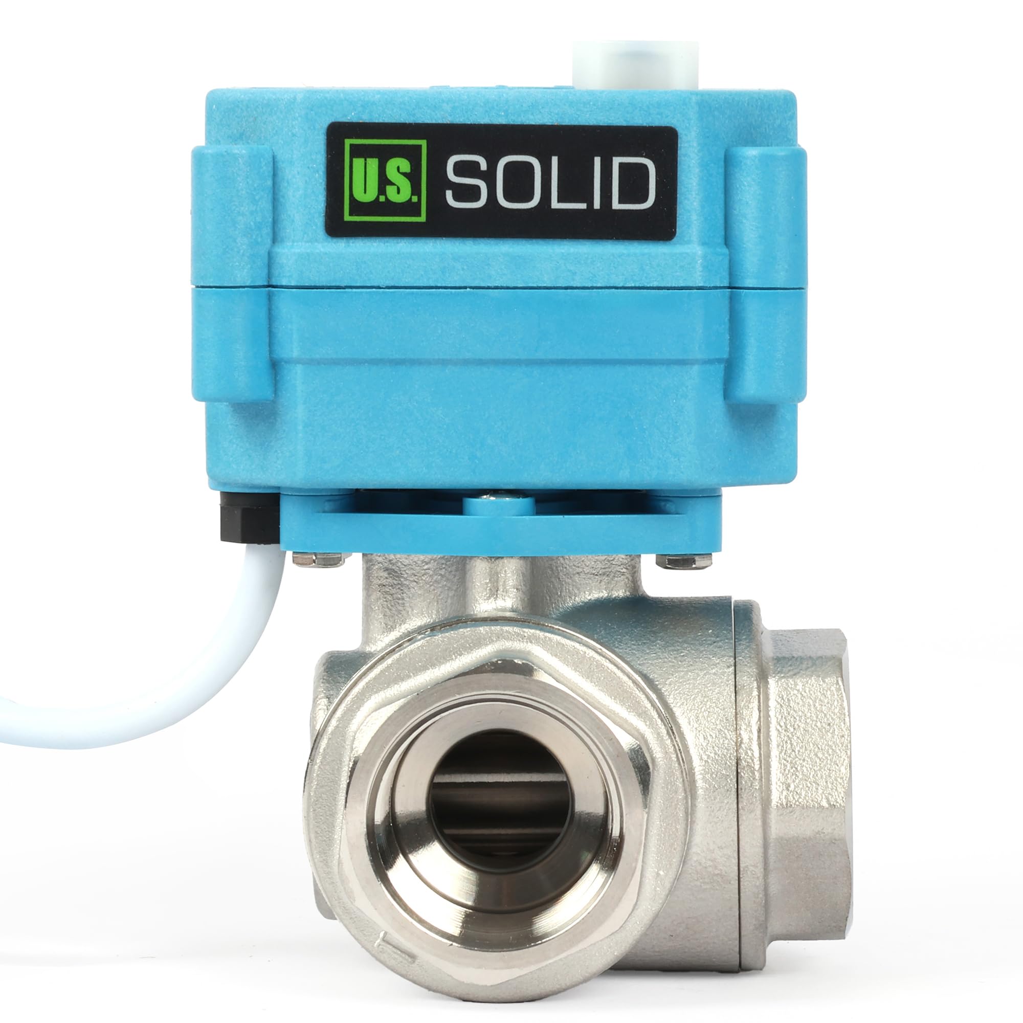 U.S. Solid Vanne 3 voies motorisée acier inoxydabl – 3/4", 110-230 V CA, type T, électrique de zone avec fonction manuelle, robinet d'arrêt d'eau, port standard