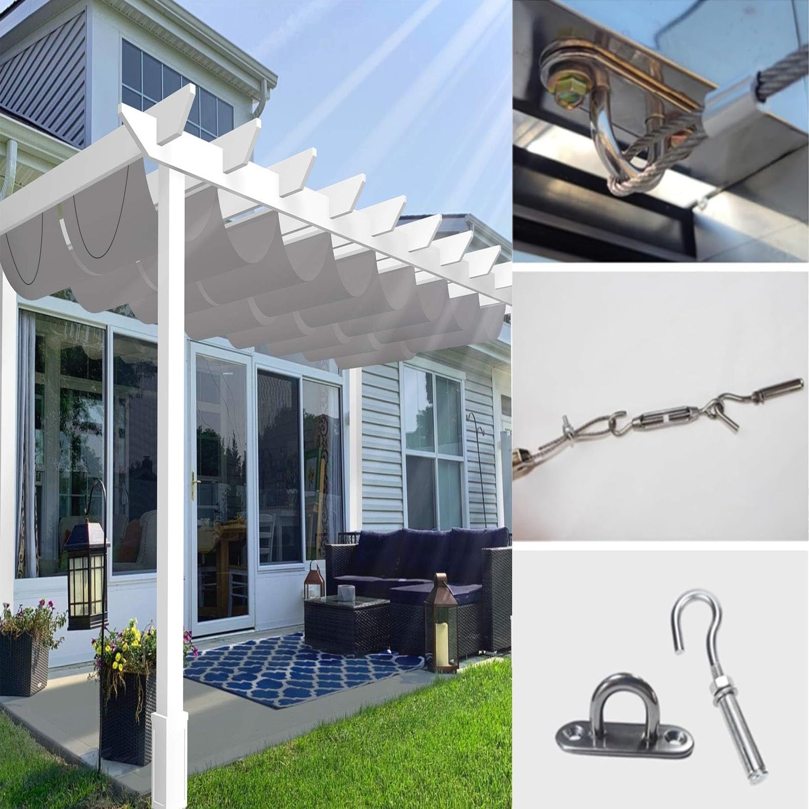 Intrekbaar golfzonnezeil, 100 x 400 cm (b x l), verstelbare schaduwafdekking, zonwering, waterdicht, outdoor, pergola, uv-bestendig, voor terras, tuin, lichtgrijs