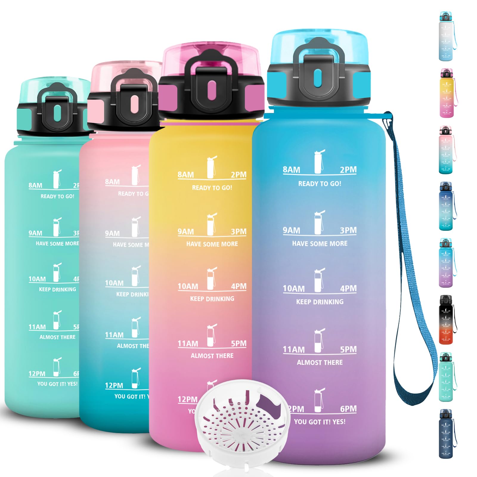 Trinkflasche - 1.5 liter- Trinkflasche Sport, Wasserflasche Auslaufsicher, Flasche mit Zeitmarkierung, mit Filter, Wasserflasche Kohlensäure Geeignet, Leicht zu Reinigen, für Fitness, Reisen, Gym