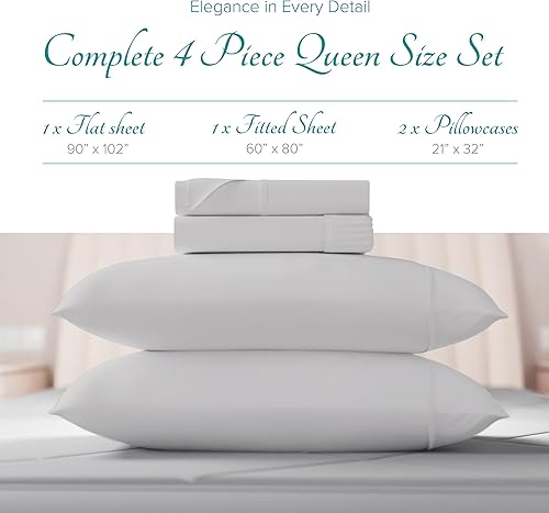 Miniatura 3 de Carressa Linen Juego de sábanas 100% algodón egipcio, 800 hilos de algodón egipcio, tamaño Queen (4 piezas, gris plateado), suave, refrescante, Gris