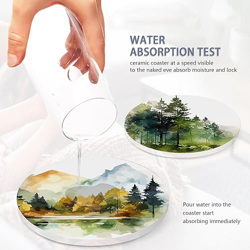 Miniatura 5 de Juego de 6 posavasos de mesa para bebidas, diseño de bosque brumoso de acuarela, con base de corcho y soporte de metal, gran regalo de cumpleaños