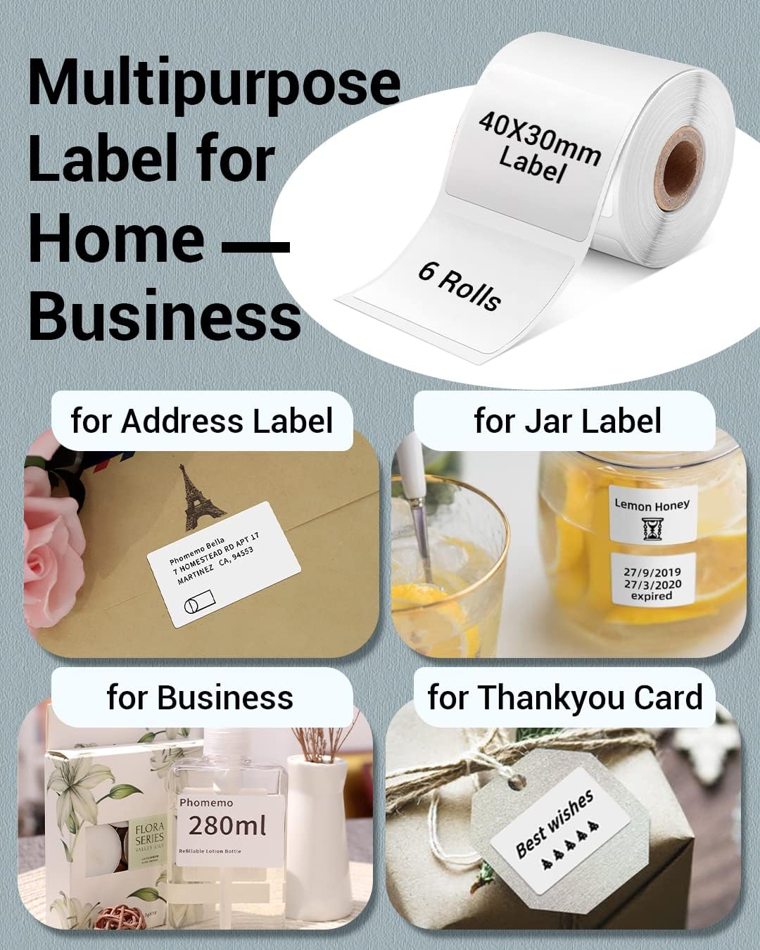 Phomemo M110 Label Maker- with 6Rolls 40x30mm Thermal Sticker Labels Portable Thermal Printer for Small Business, Address, Logo, Clothing, Mailing, Sticker Printer for Phones & PC