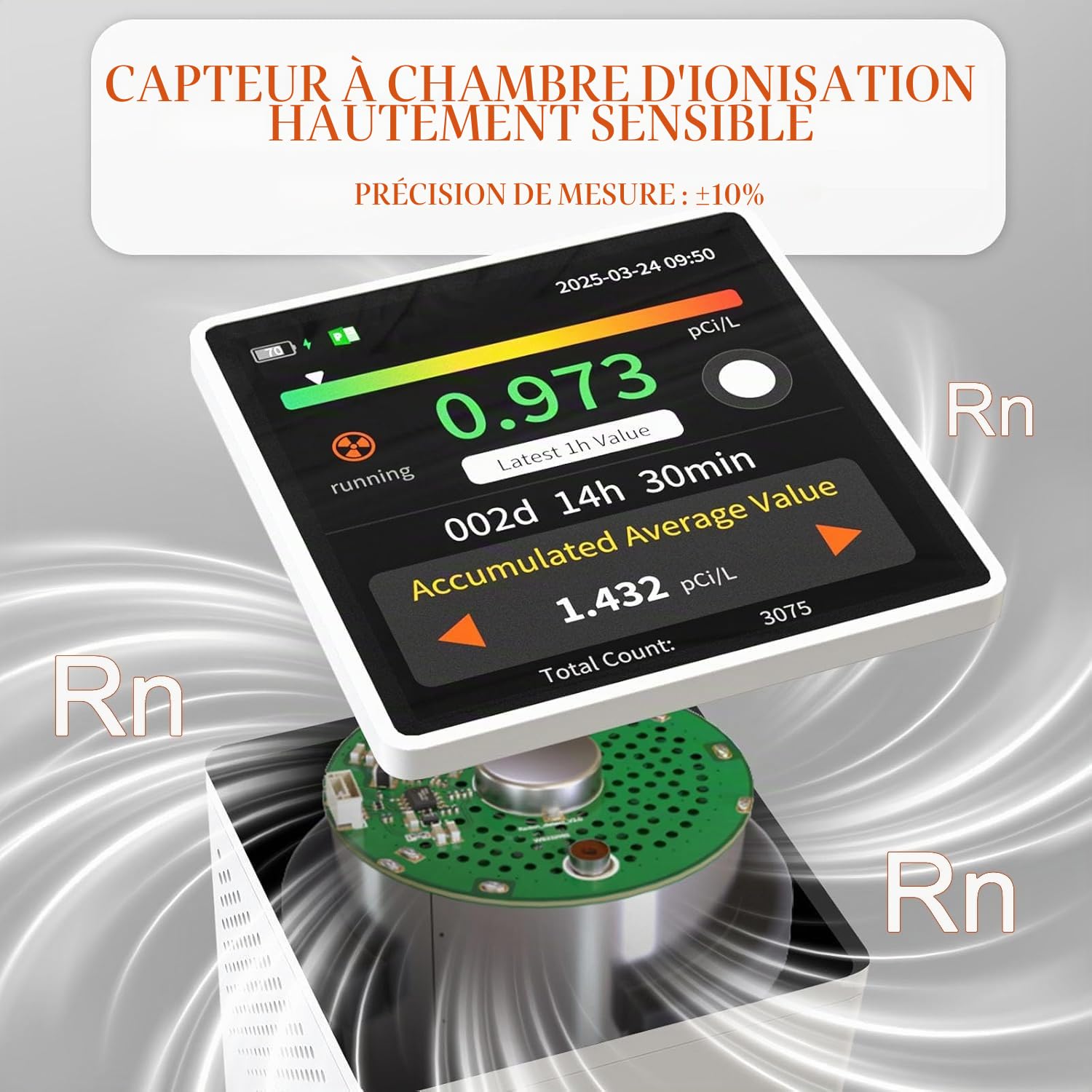 RM-73 Détecteur de Radon, avec Alarme sonore et visuelle, écran Couleur LCD Tactile, pour la Surveillance à Long Terme du Radon dans la Maison, en Bq/m³ ou pCi/L.