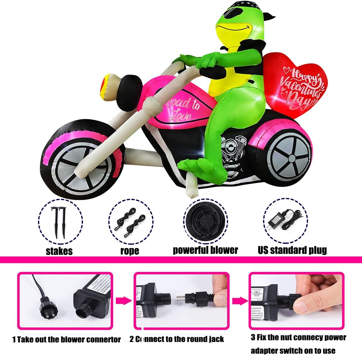 SEASONBLOW 7 FT Inflatable Valentine's Day Frog on Motorcycle with Heart Decorations LED Lighted Decoration for Birthday Wedding Yard Lawn Garden Home Party