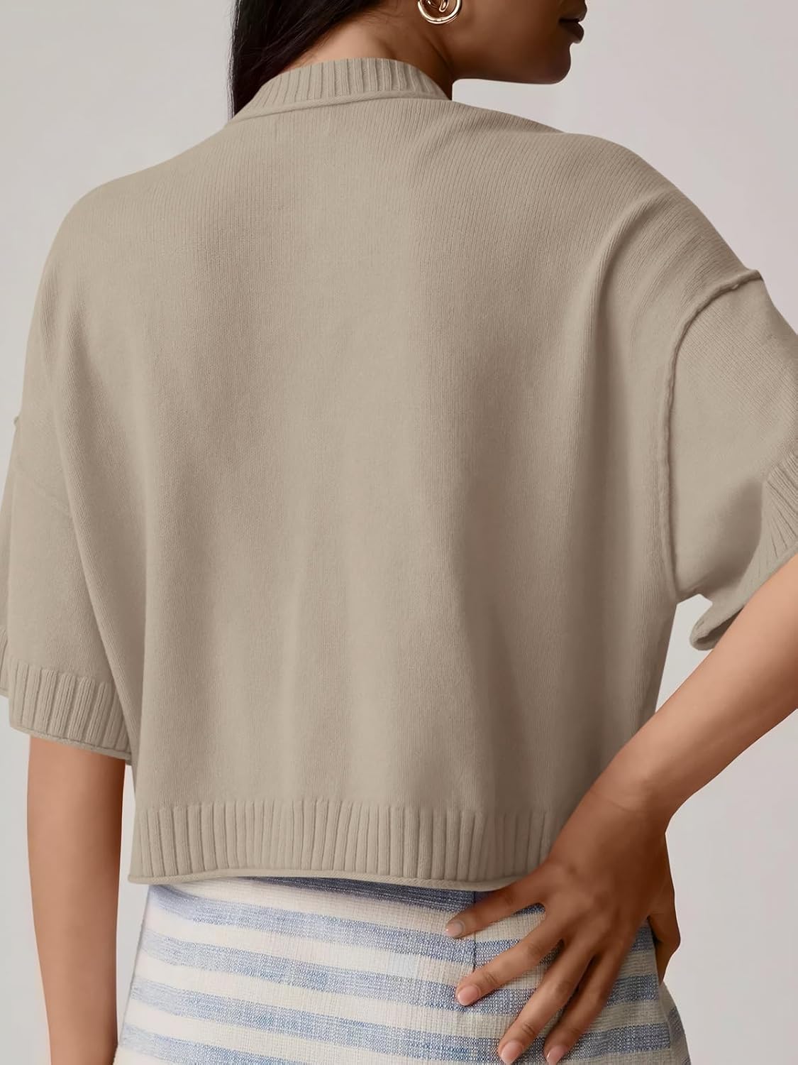 Saodimallsu Womens 3/4 Sleeve Cardigan Sweaters Button Down Crewneck Knit Cropped Tops Casual Fall Outerwear - Image 4