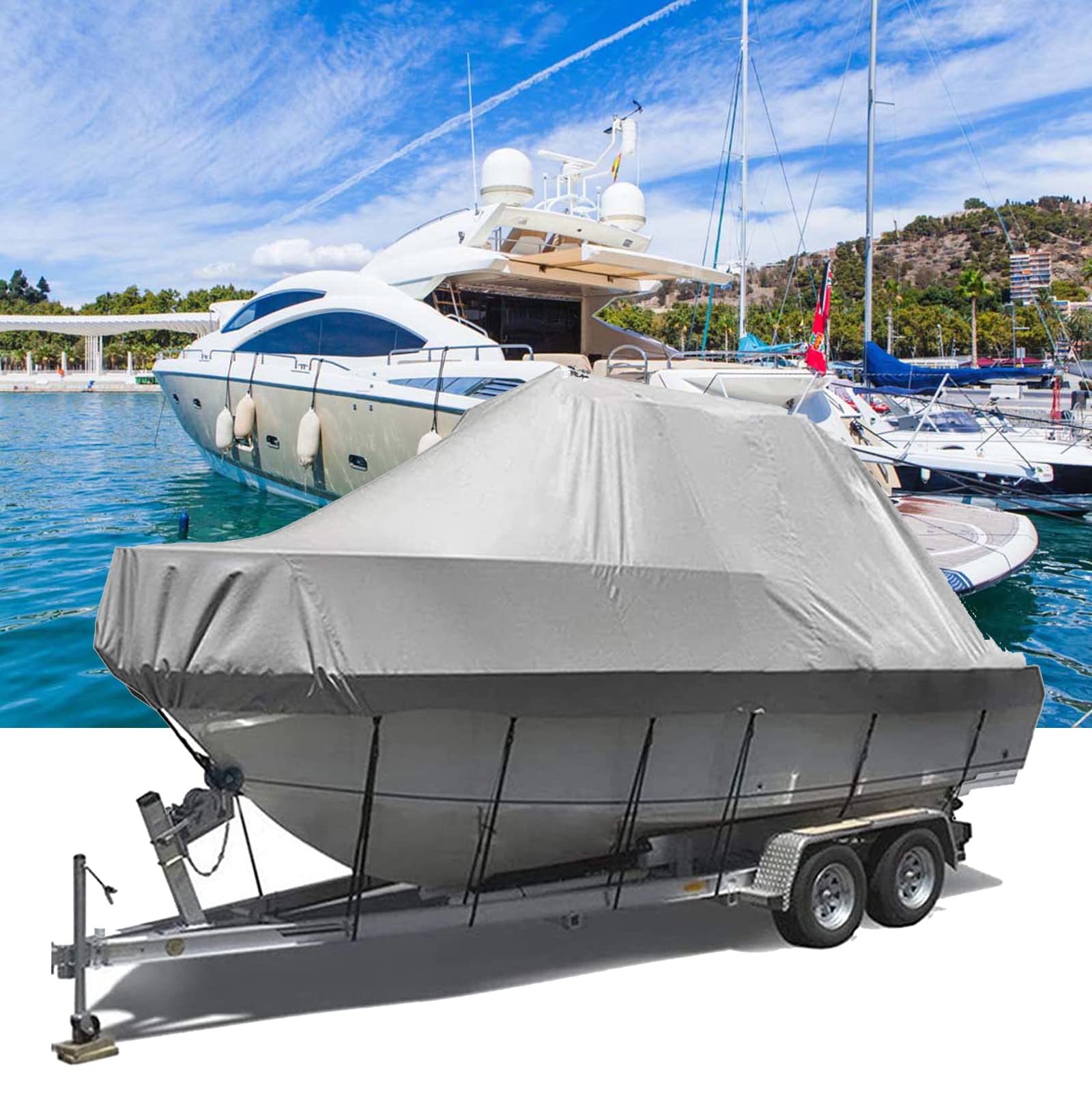 Bootsabdeckung Bootsplane, Universal 210D Oxford Gewebe wasserdichte Bootspersenning, Passend für V-Hull, Tri-Hull, Bass Boats, Pro-Style,Grau,25to27FT(1010 * 590cm)