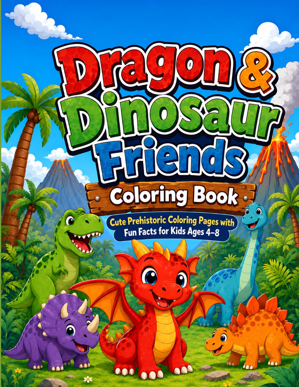 Dragon & Dinosaur Friends Coloring Book: Cute Prehistoric Coloring Pages with Fun Facts for Kids 4-8 (30 Page Studio)