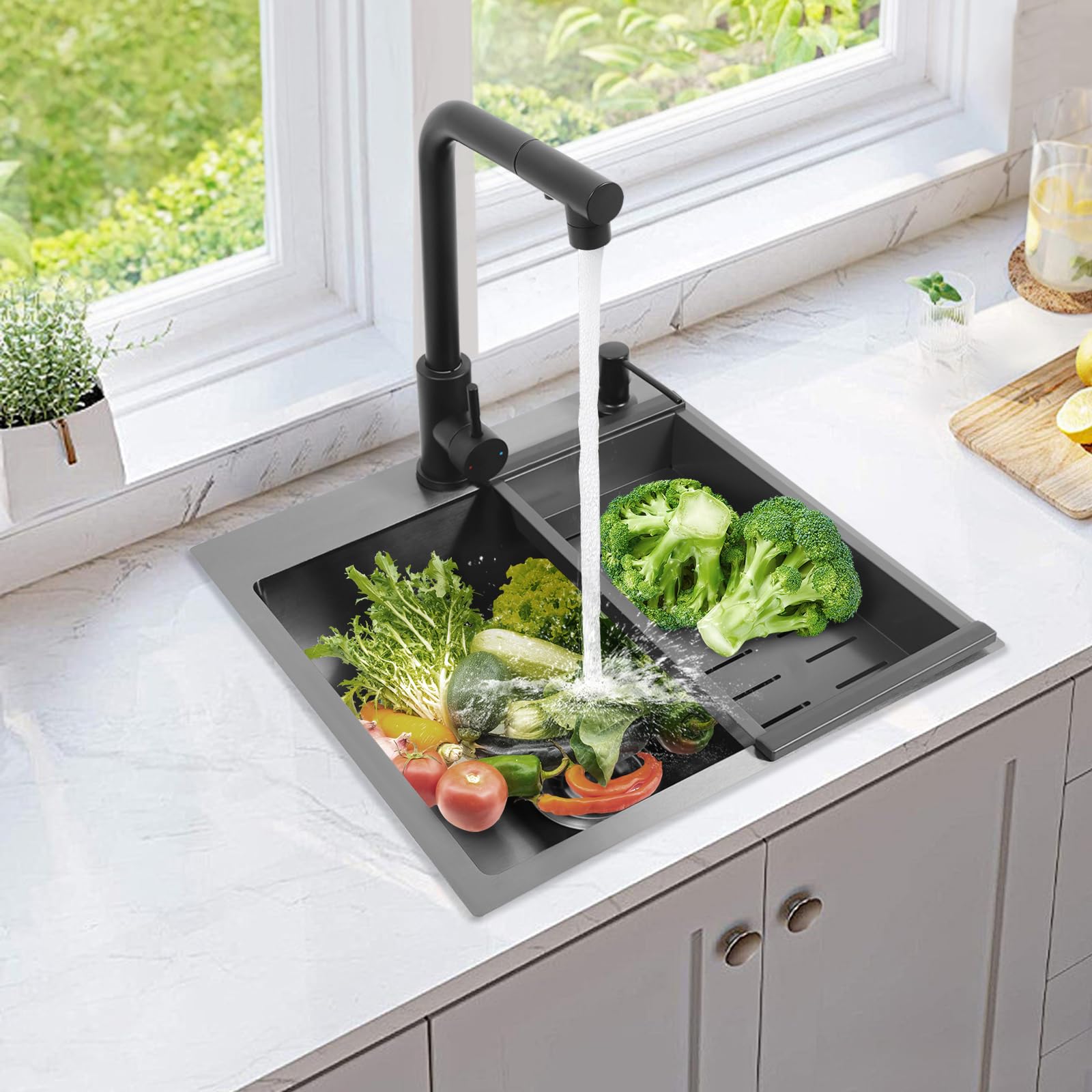Fregadero de cocina de acero inoxidable con grifo, color negro, 45 x 45 cm, incluye grifo extensible, dispensador de jabón y desagüe