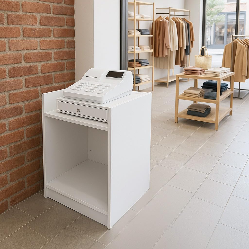 Mostrador para Caja Registradora | MDF Blanco | 60x60x90cm | Diseño modular compacto | 2 estantes | Ideal para tiendas y comercios | Fácil Montaje | Mostrador Recepción Expositor Comercial Recepción