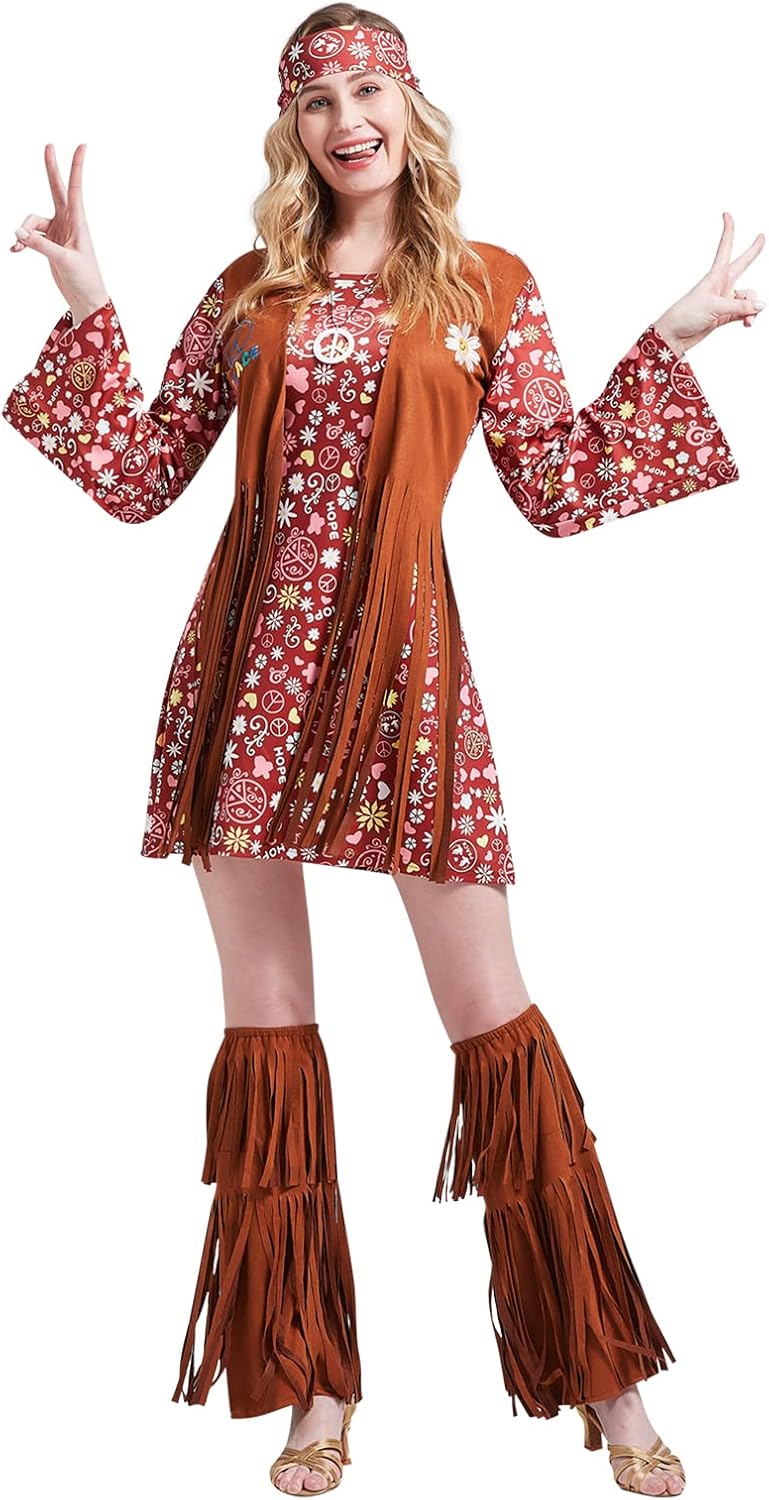Conjunto de disfraz hippie de los 70 para mujer disfraz de hippy de los 60 chaleco con flecos vestido bohemio con collar pendientes y diadema
