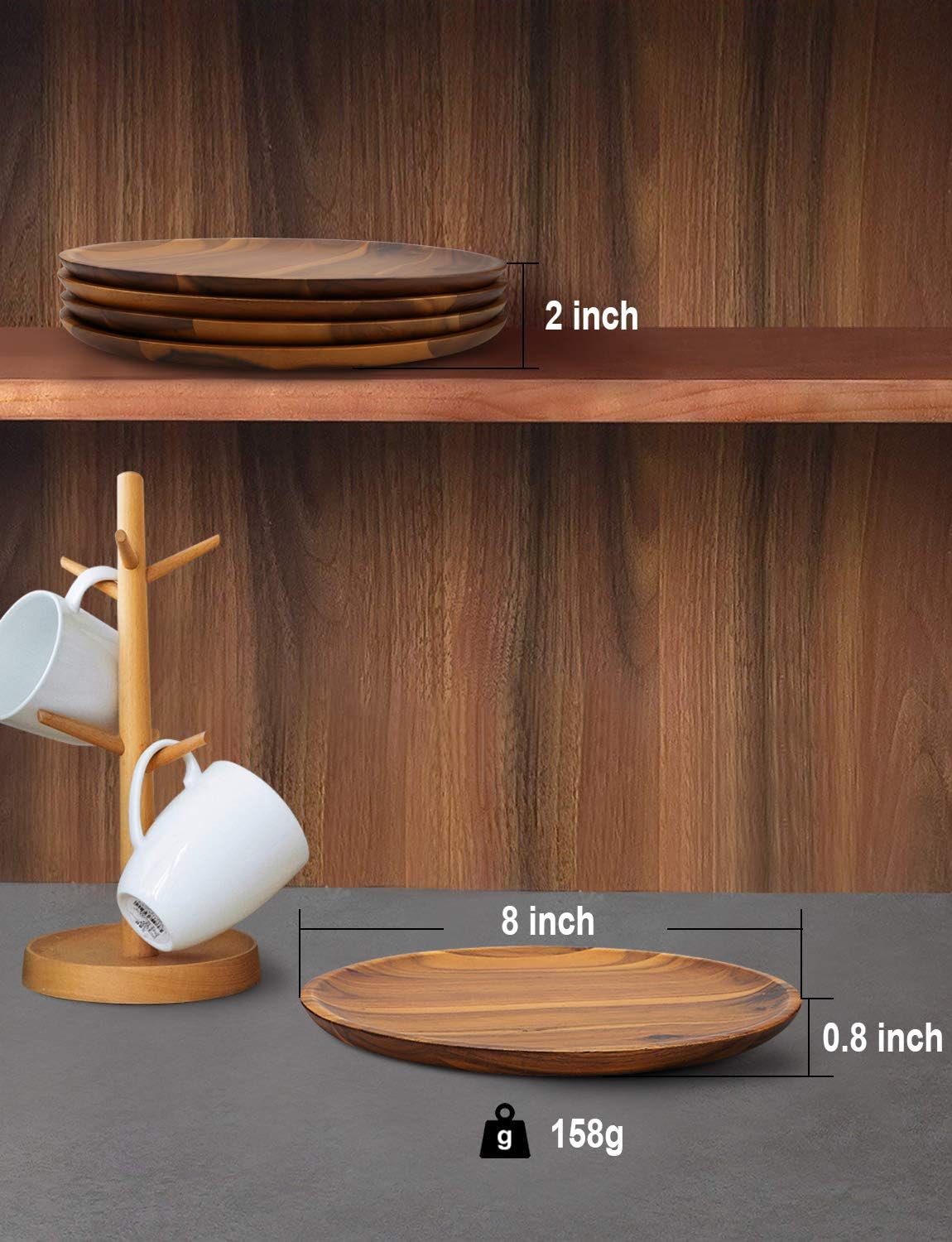 AIDEA Acacia Wood Dinner Plates, 8 Inch Round Wood Plates Set of 4, Easy Cleaning & Lightweight for Dishes Snack, Dessert, Unbreakable Classic Charger Plates - for Christmas Gift